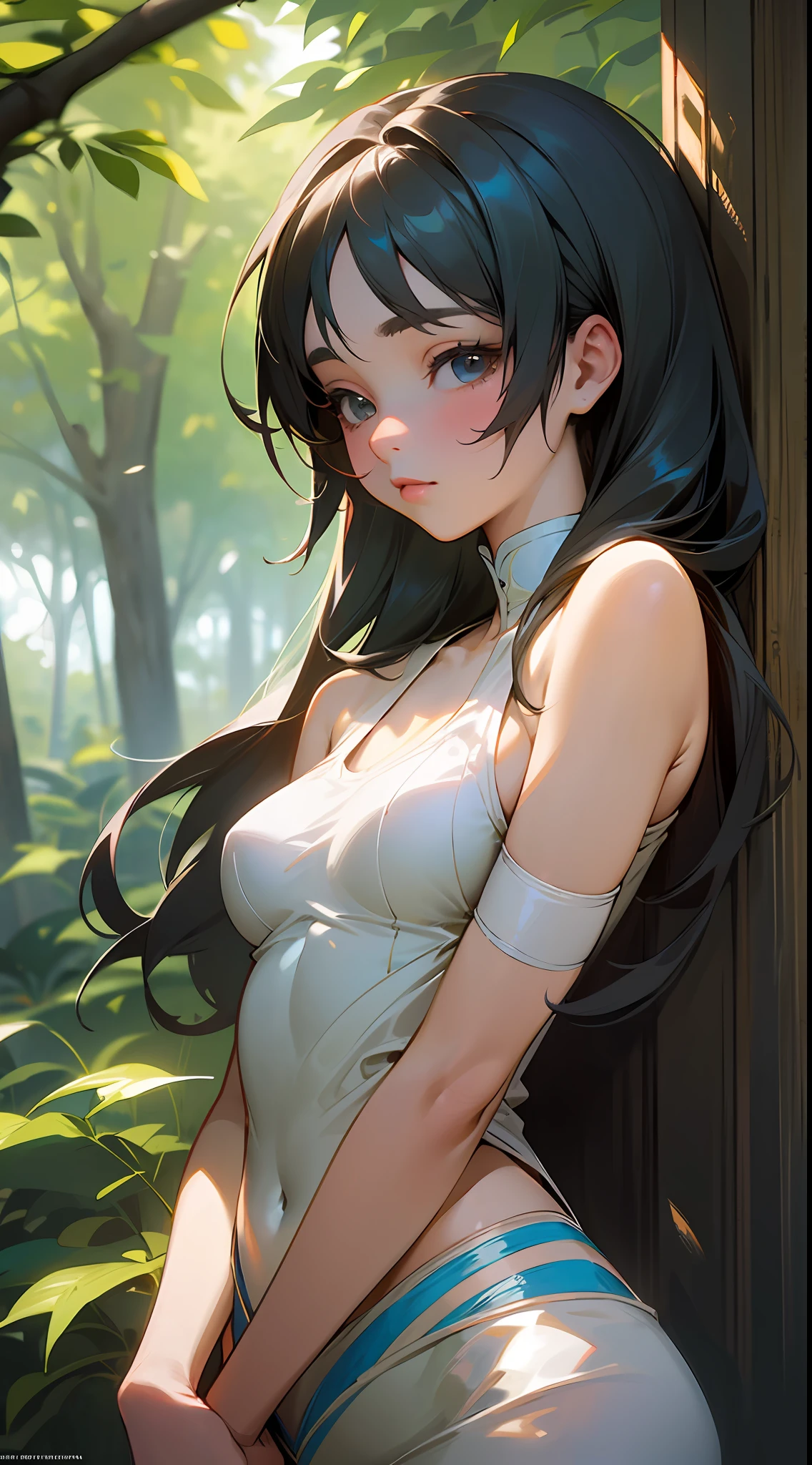 Focus on the person. We create and express the best shining composition of the person. ((Masterpiece)), (((highest quality)))), ((Ultra detail)), (Ultra realistic), (Highly detailed CG illustrations), (Very delicate and beautiful), Girls as masterpieces, highest quality, realistic skin, realistic fabrics, realist illustrations focusing on girls with realistic and ultra-detailed eyes in the center front. This is the absolute rule, and the following sentence expresses the image quality. It is the greatest masterpiece in the history of the class of Inuitsuki Ichigo, in which the owner of the greatest painting talent in human history met an unparalleled beauty and risked his life to depict the most beautiful figure. Create stunning anime artwork that is currently trending on seaStation, showcasing exquisite beauty and captivating aesthetics. Imagine a scene where a petite Japanese high school girl, with a youthful face and clear eyes, stands amidst the lush forest of "Princess Mononoke". Her dynamite body and finely textured skin glow under the dappled sunlight filtering through the leaves. Her clothes and accessories, realistically depicted, change according to the fabric material. This image captures a miraculous moment in her life as she bravely lives in this different world. The image should be hyper-realistic, highly detailed, and in high-resolution 16k. Use a Canon EOS-1D X Mark III DSLR with an EF 70-200mm f/2.8L IS III USM lens. Set the ISO sensitivity to 32,000 and the shutter speed to 1/125 second. --ar 16:9 --v 5.1 --style raw --q 2 --s 750