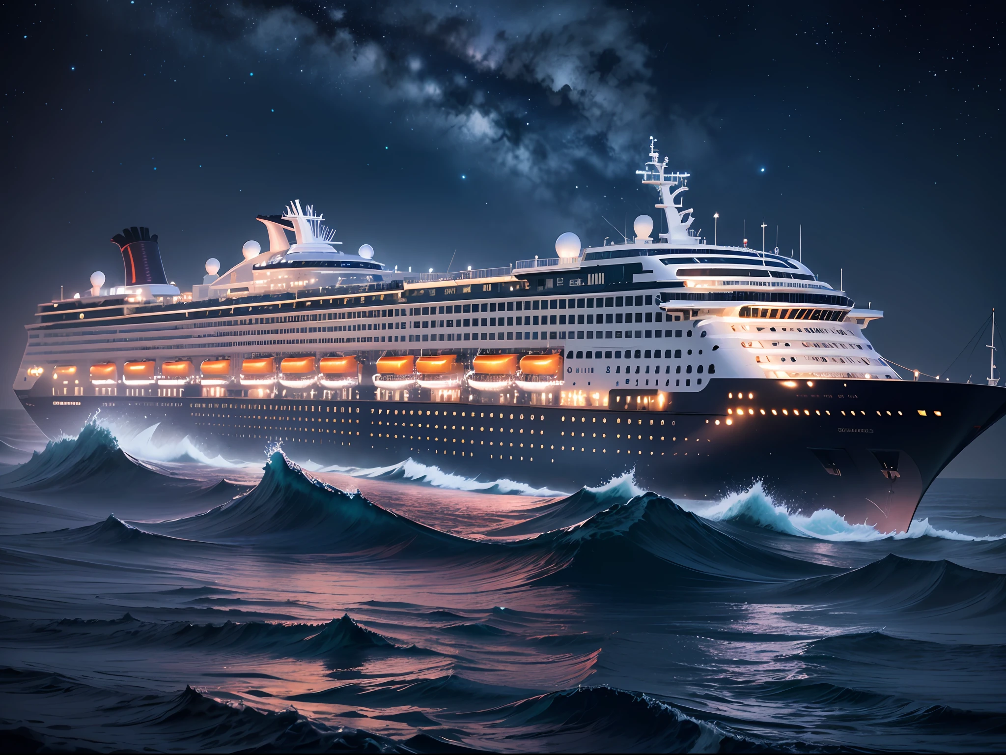 A dark and intriguing image that depicts a majestic cruise ship sailing in night waters, under a starry sky and shrouded in fog. The ship's lights cast a faint glow, revealing ominous outlines in the darkness. On the horizon, the ocean seems to merge with the sky, conveying a sense of mystery and imminent danger. --auto --s2