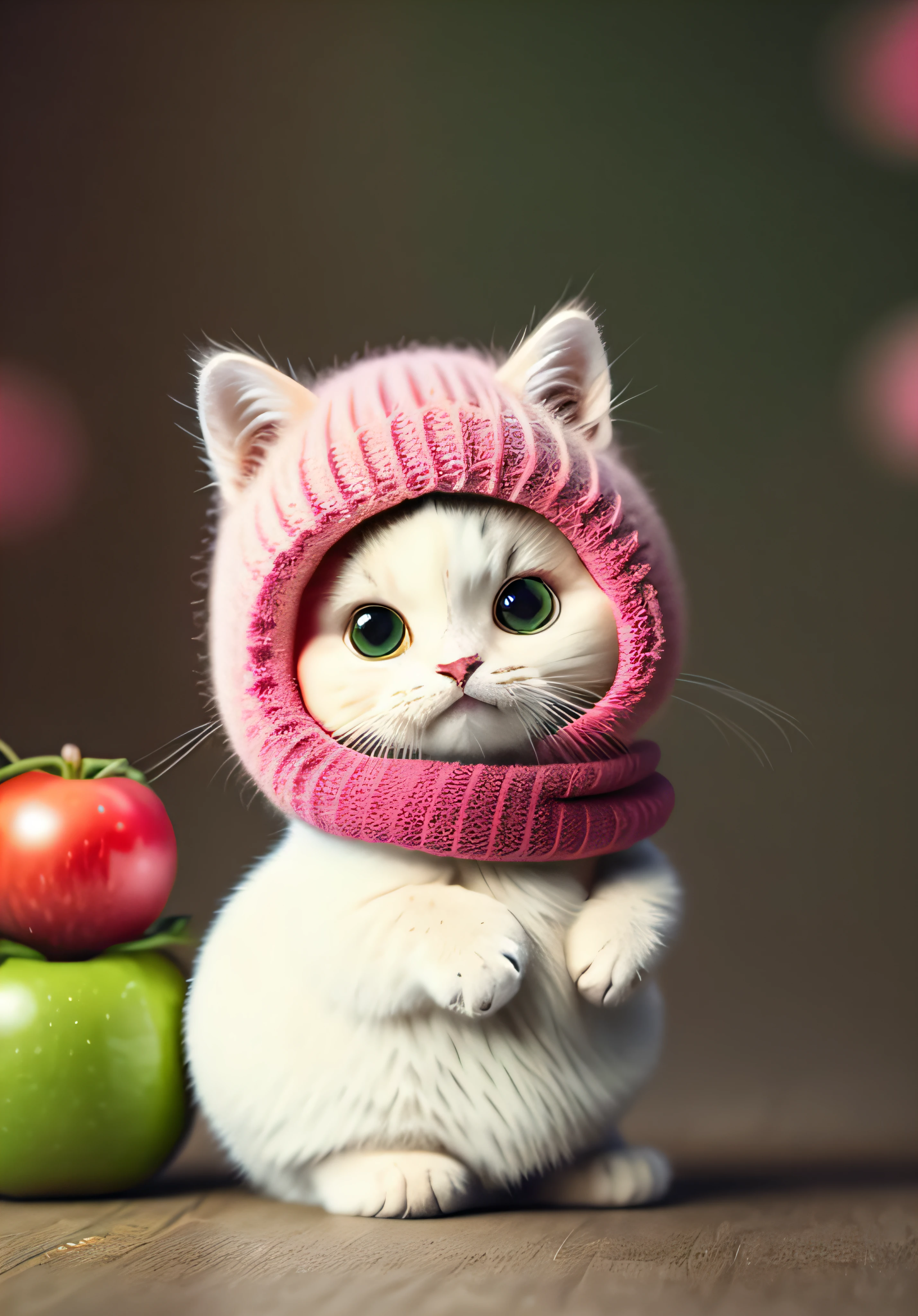 A fluffy cat , apple, dark circles, cherry, food, fruit, whole body, hat, non-human, tomato, watermelon