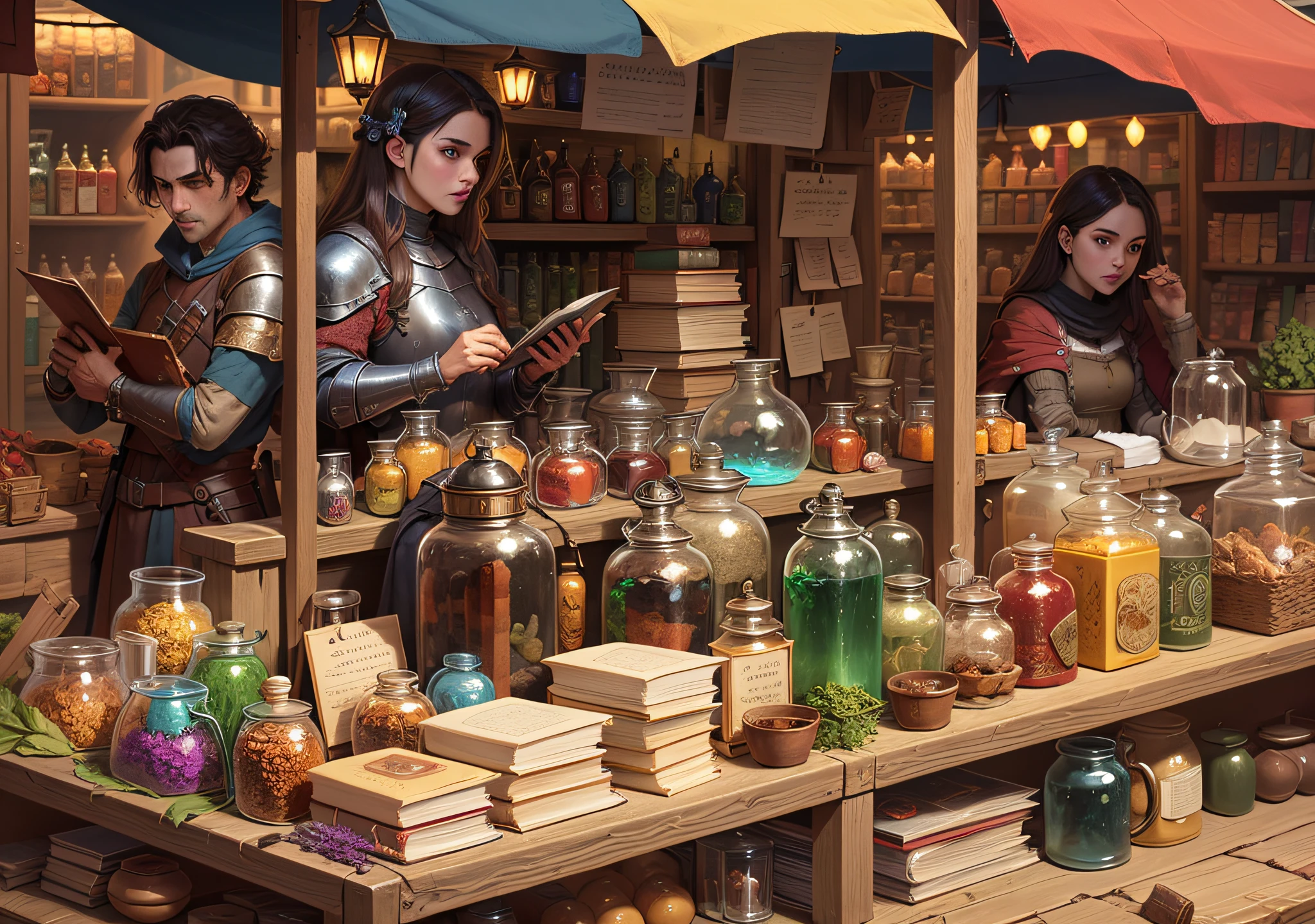 a medieval market selling:
- Potions of Healing
- Weapons and Armor
- Books of Magic
- Alchemical Ingredients
- Exploration Equipment
- Magic Relics