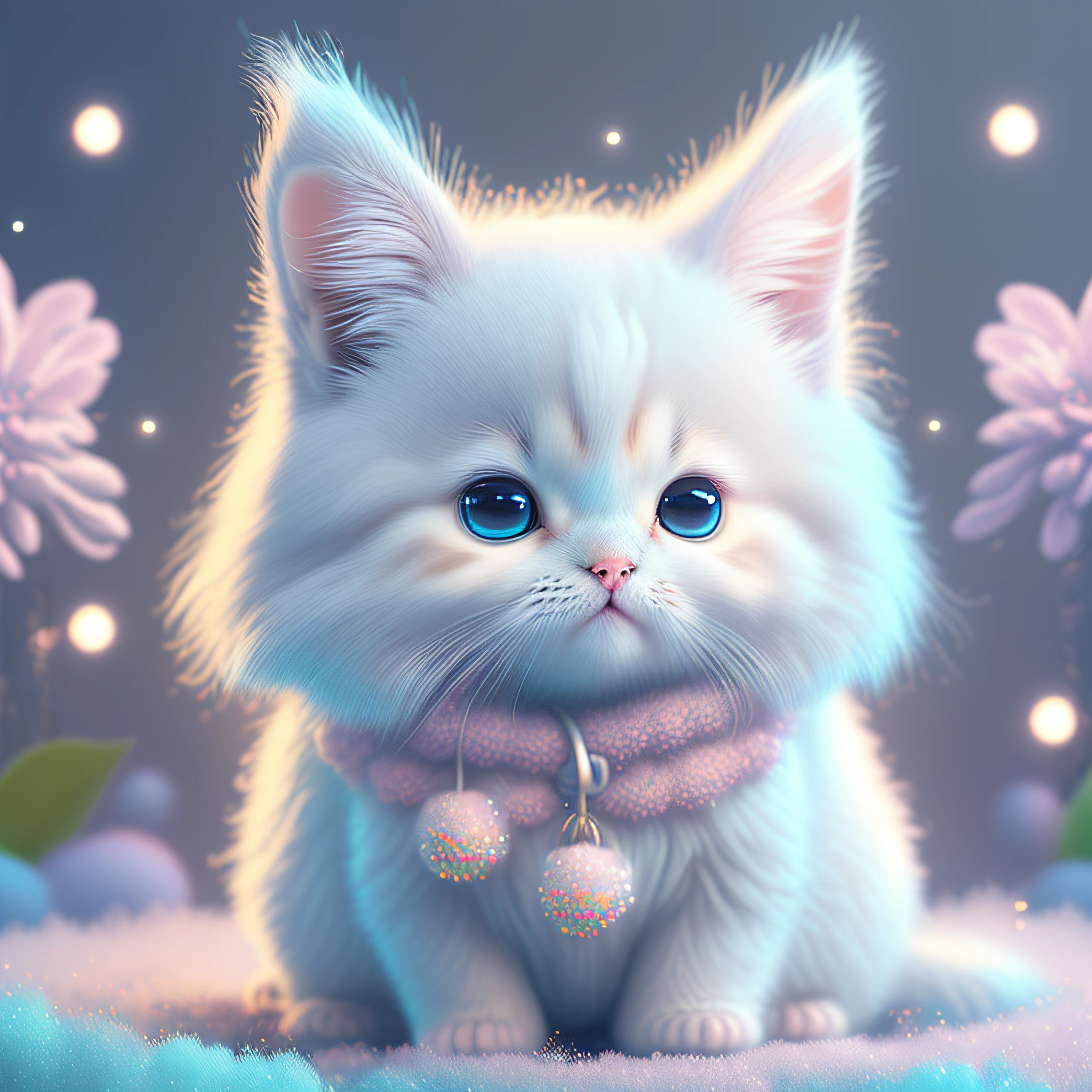 In this ultra-detailed CG art, the adorable kitten surrounded by floral flower, Pastel and neon colors, best quality, high resolution, intricate details, fantasy, cute animals