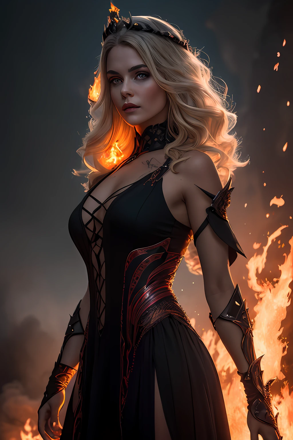 best quality, masterpiece, RAW photo, 8k, blonde woman photo, (flame explosion, fire crown, flame halo: 1.5), intricate black gothic layered dress, (natural lighting, fire light, dark shadows, crimson light: 1.2), (black and red night sky, mist and fog: 1.1), (large burning sky background: 1.1), solo, 1girl, fantasy style, concept art, sharp focus, smooth outline, professional photography, art photography, rule of thirds, macro photography, HDR,