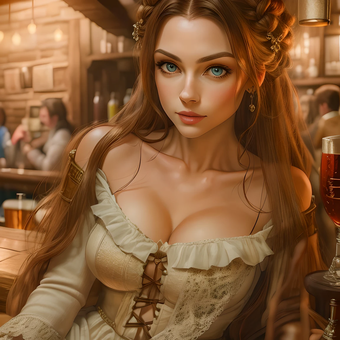 beautiful ginger women in detailed dress at tavern, air above hair, IPA award wining, masterpiece, best aftereffects