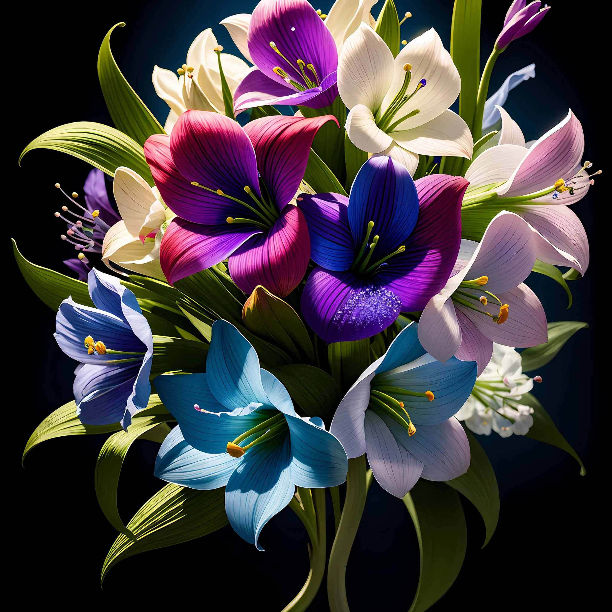 bouquet of delicate flowers Amaryllis dark blue and purple, super transparent, holy light, beautiful spectral light, petals glow, flashing, dark background, transparent light drops, reflective light, bright, light flowing in, optics, portrait profile, sharp focus, magical, intricate, ultra realistic, fantasy, composition, light, trend in artstation, pearl, silver vapor patronus cloud, family of corrosive enveloping rays, 8k, ureal air 23v4 uplight