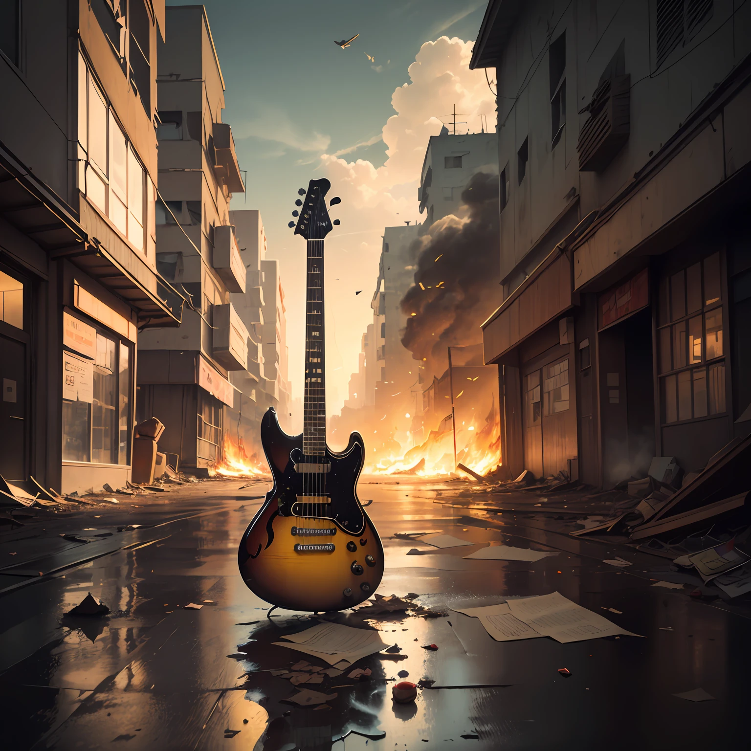 guitar on the floor of a deserted street, at night, with papers flying, in the body of the guitar a vision of the future of a destroyed and burning city,  sad tone, muted ink painting, muted colors, rice paper texture, splash paint, morning light, clouds wet to wet techniques --auto