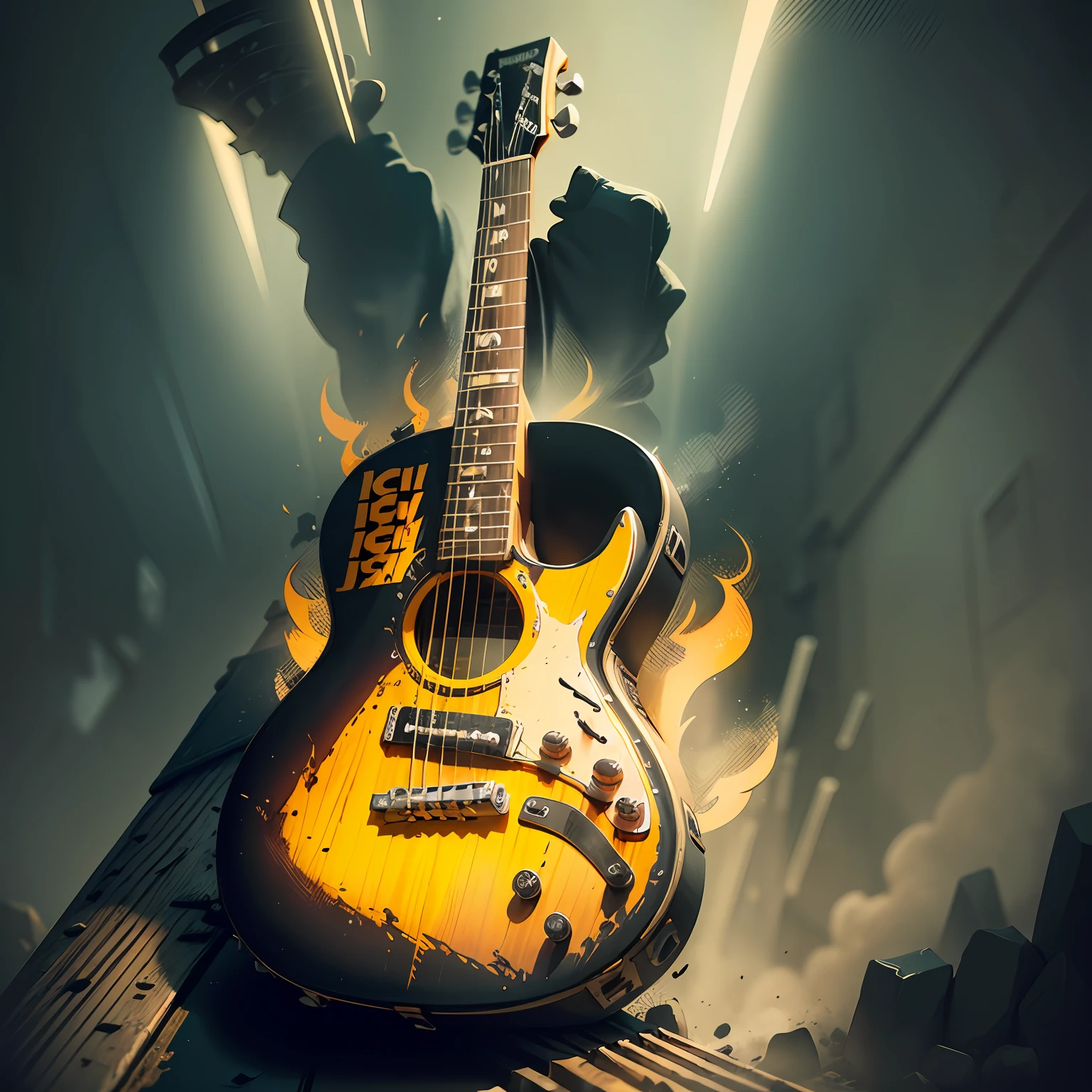 guitar on the floor of a deserted street, at night, with papers flying, in the body of the guitar a vision of the future of a destroyed and burning city,  sad tone, muted ink painting, muted colors, rice paper texture, splash paint, morning light, clouds wet to wet techniques --auto