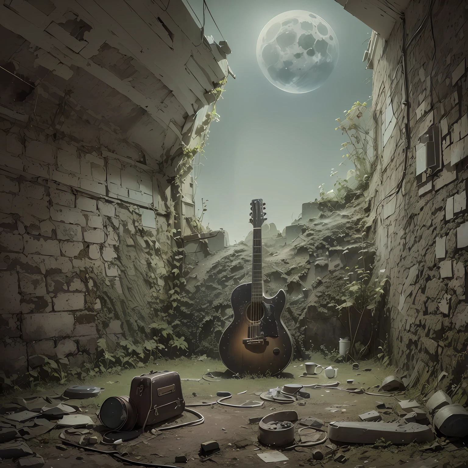 guitar on the floor of a deserted street, at night, with papers flying, in the body of the guitar a vision of the future of a destroyed and burning city,  sad tone, muted ink painting, muted colors, rice paper texture, splash paint, morning light, clouds wet to wet techniques --auto