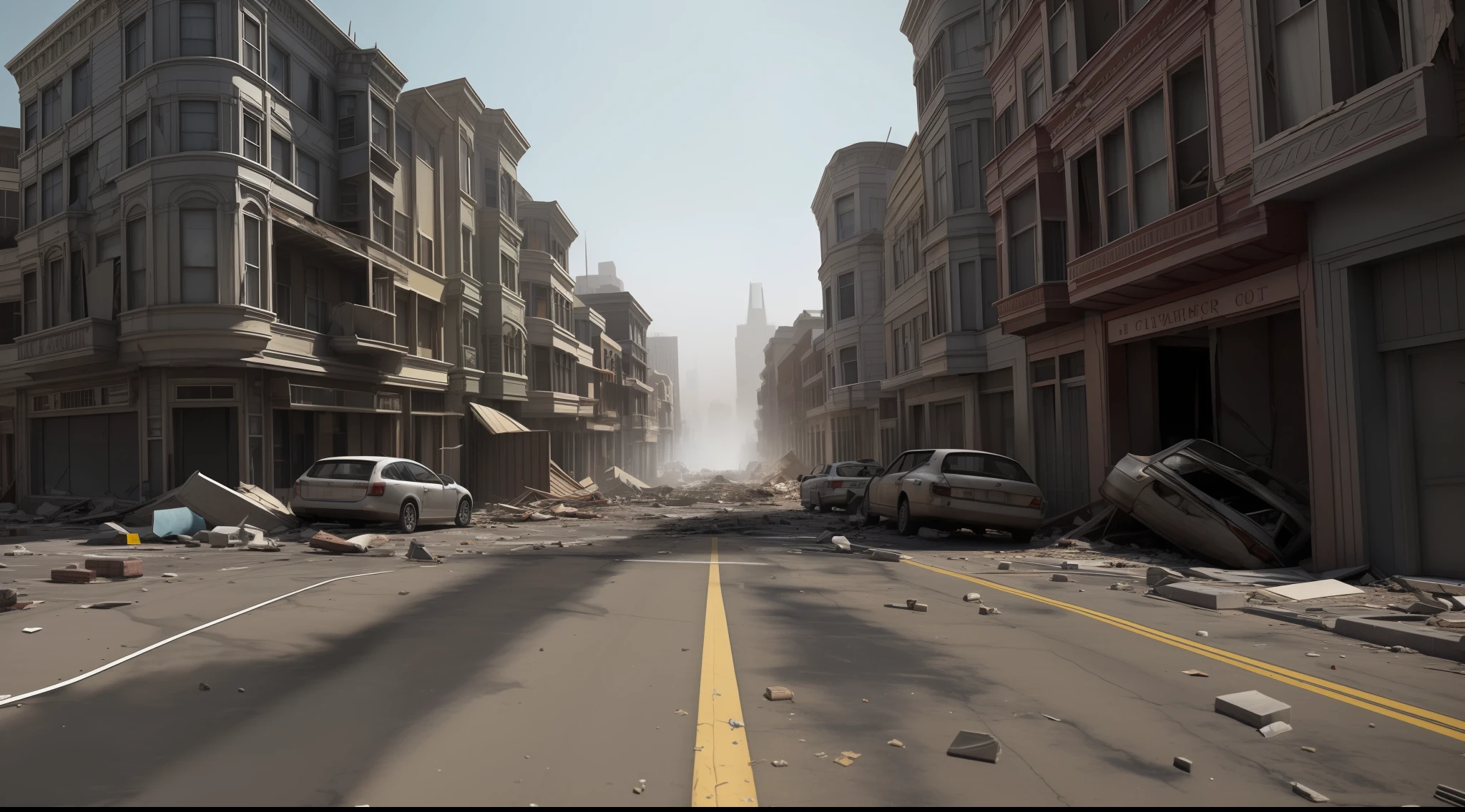 Realistic San Francisco Collapsed buildings with crumbling buildings and debris-filled streets depicting the aftermath of destruction, cars covered in dust, dusty weather, Ultra 8k, gray weather, realism, cinematic lighting, volumetric lighting, detailed, background blur
