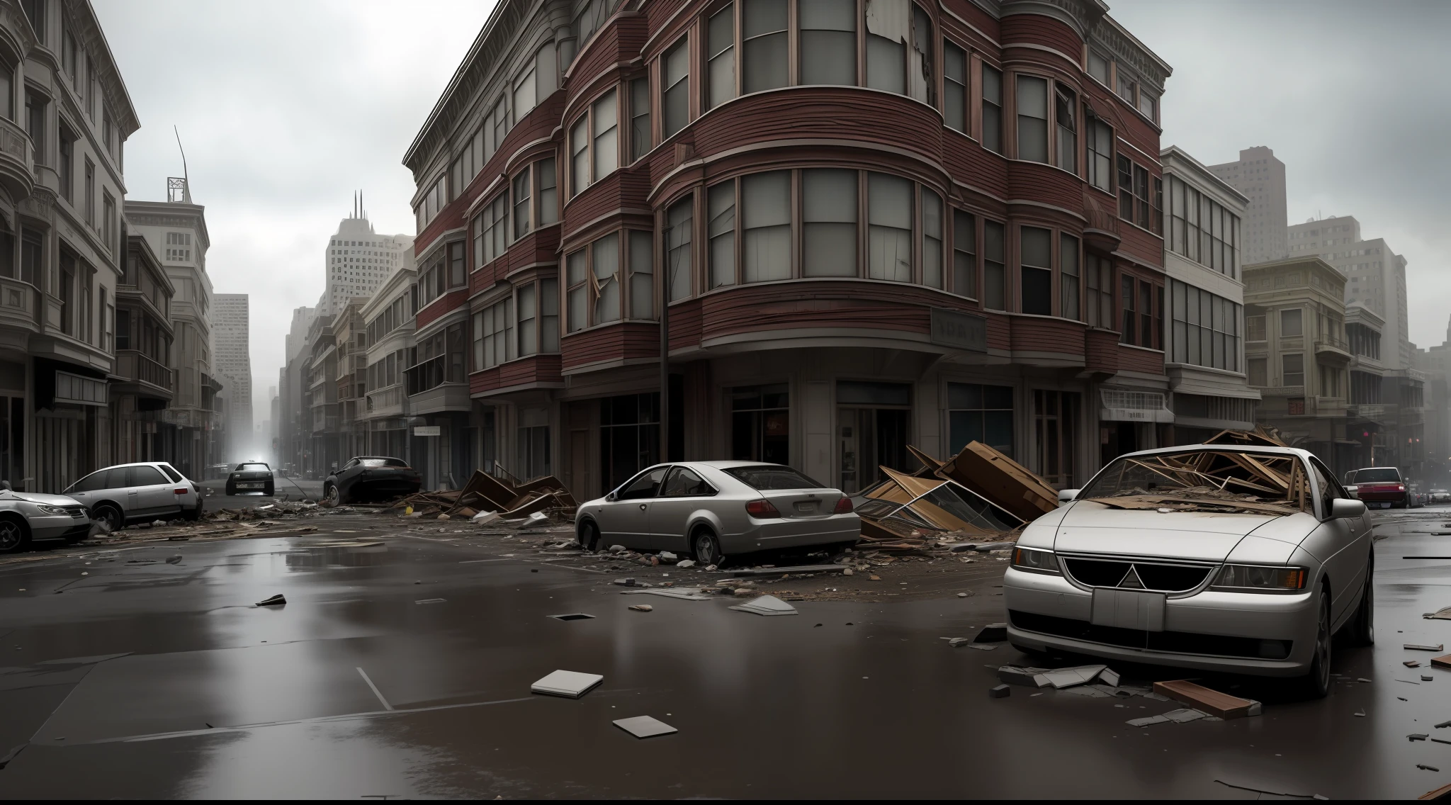 Realistic San Francisco Collapsed buildings with crumbling buildings and debris-filled streets depicting the aftermath of destruction, cars covered in dust, rainy weather, Ultra 8k, gray weather, realism, cinematic lighting, volumetric lighting, detailed, background blur