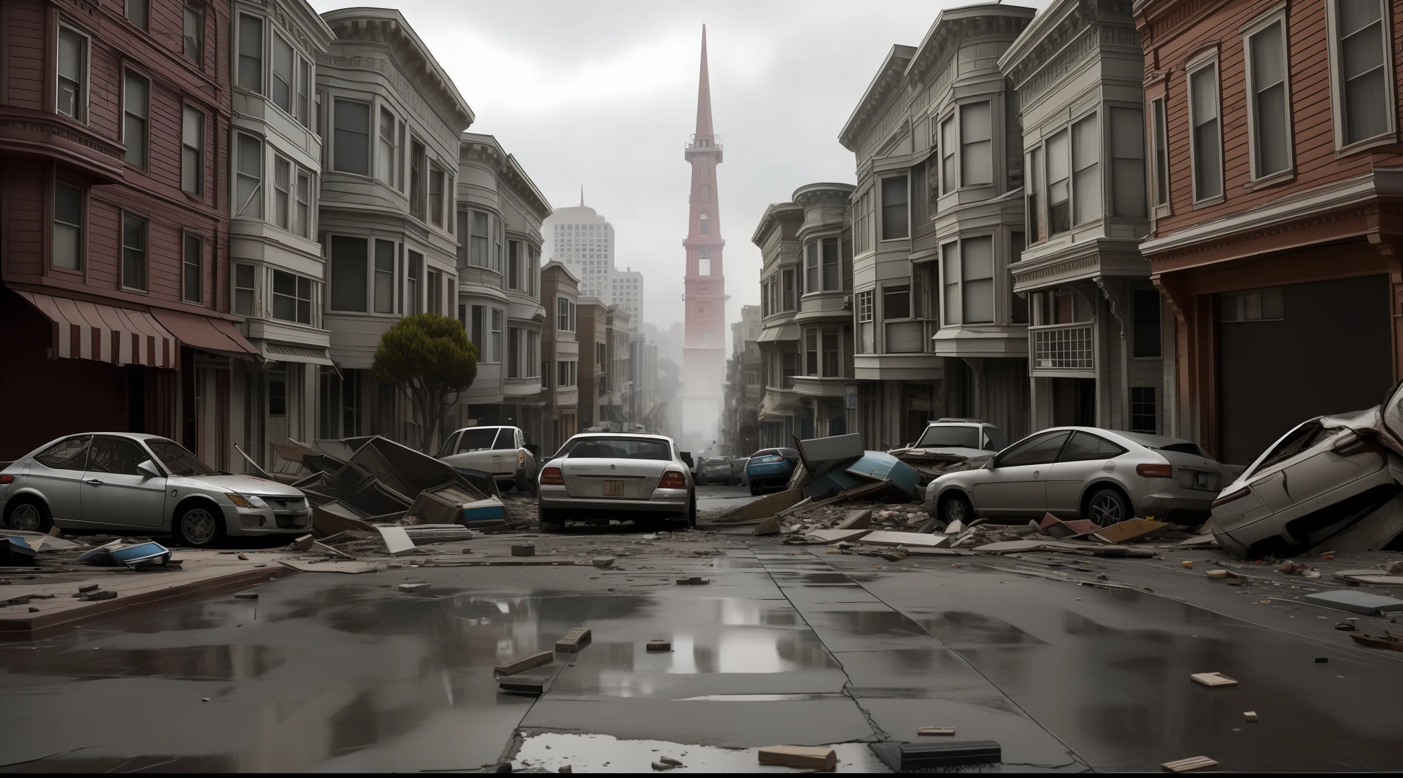 Realistic San Francisco Collapsed buildings with crumbling buildings and debris-filled streets depicting the aftermath of destruction, cars covered in dust, rainy weather, Ultra 8k, gray weather, realism, cinematic lighting, volumetric lighting, detailed, background blur