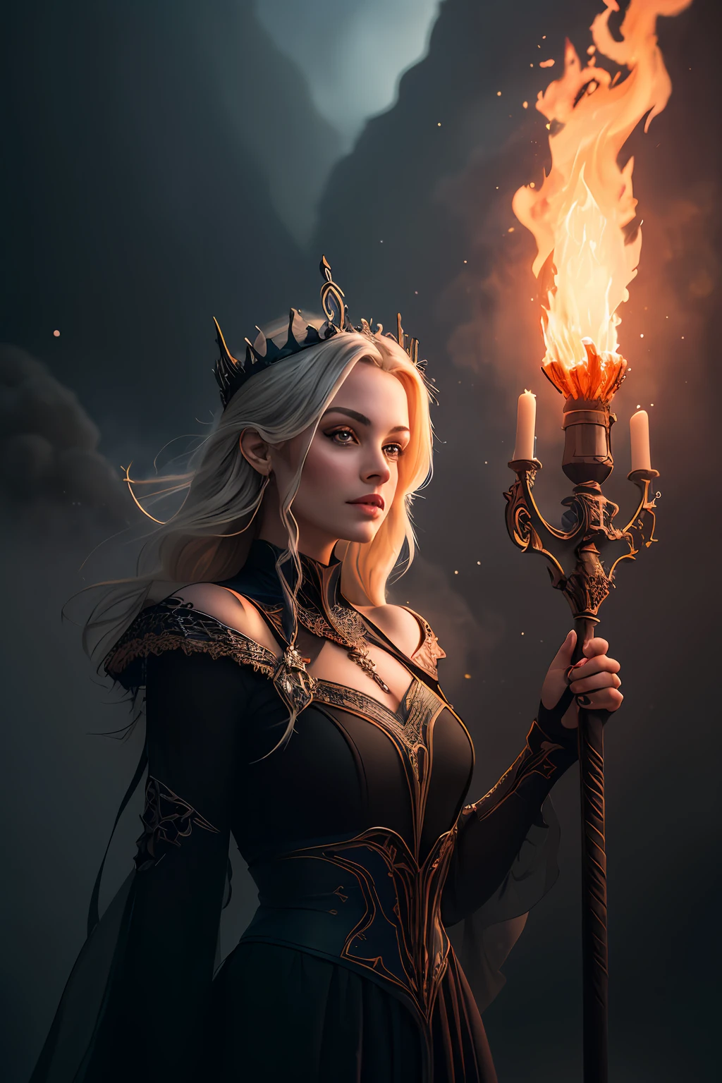 best quality, masterpiece, RAW photo, 8k, blonde woman photo, (flame explosion, fire crown, flame halo: 1.5), intricate black gothic layered dress, (natural lighting, fire light, dark shadows, crimson light: 1.2), (black and red night sky, mist and fog: 1.1), (large burning sky background: 1.1), solo, 1girl, fantasy style, concept art,  sharp focus, smooth outline, professional photography, art photography, rule of thirds, macro photography, HDR,