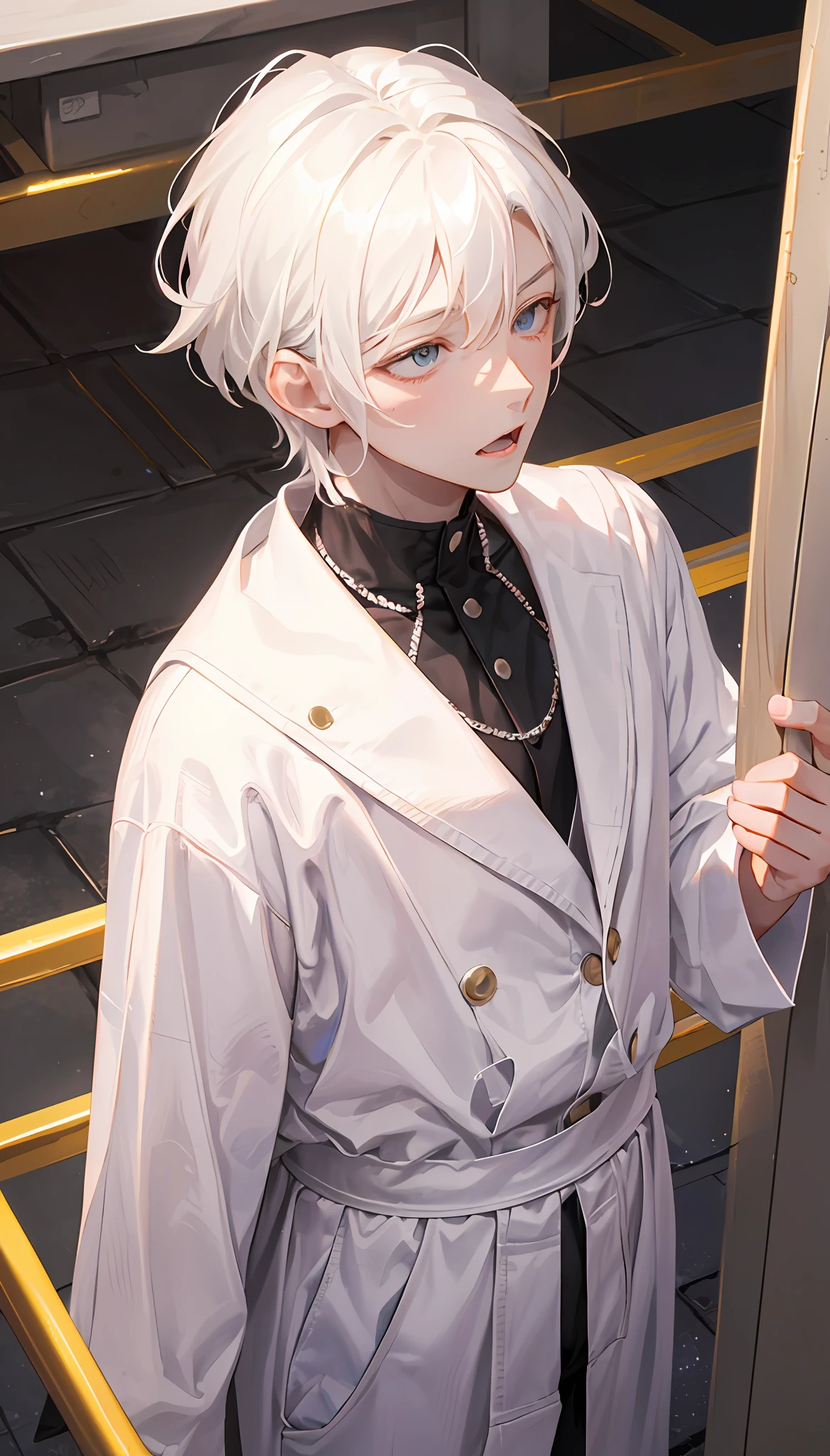 Young Man, Man, Male, Ultra Detailed, Very Detailed, Best Quality, Extremely Delicate and Beautiful, Very Detailed, CG, Unity, 8K Wallpaper, Amazing, Fine Details, Masterpiece, Best Quality, Official Art, Extremely Detailed, Boy, Albinism, White Hair, White Clothes, White Collar, Tiger Teeth, Lens viewed from above