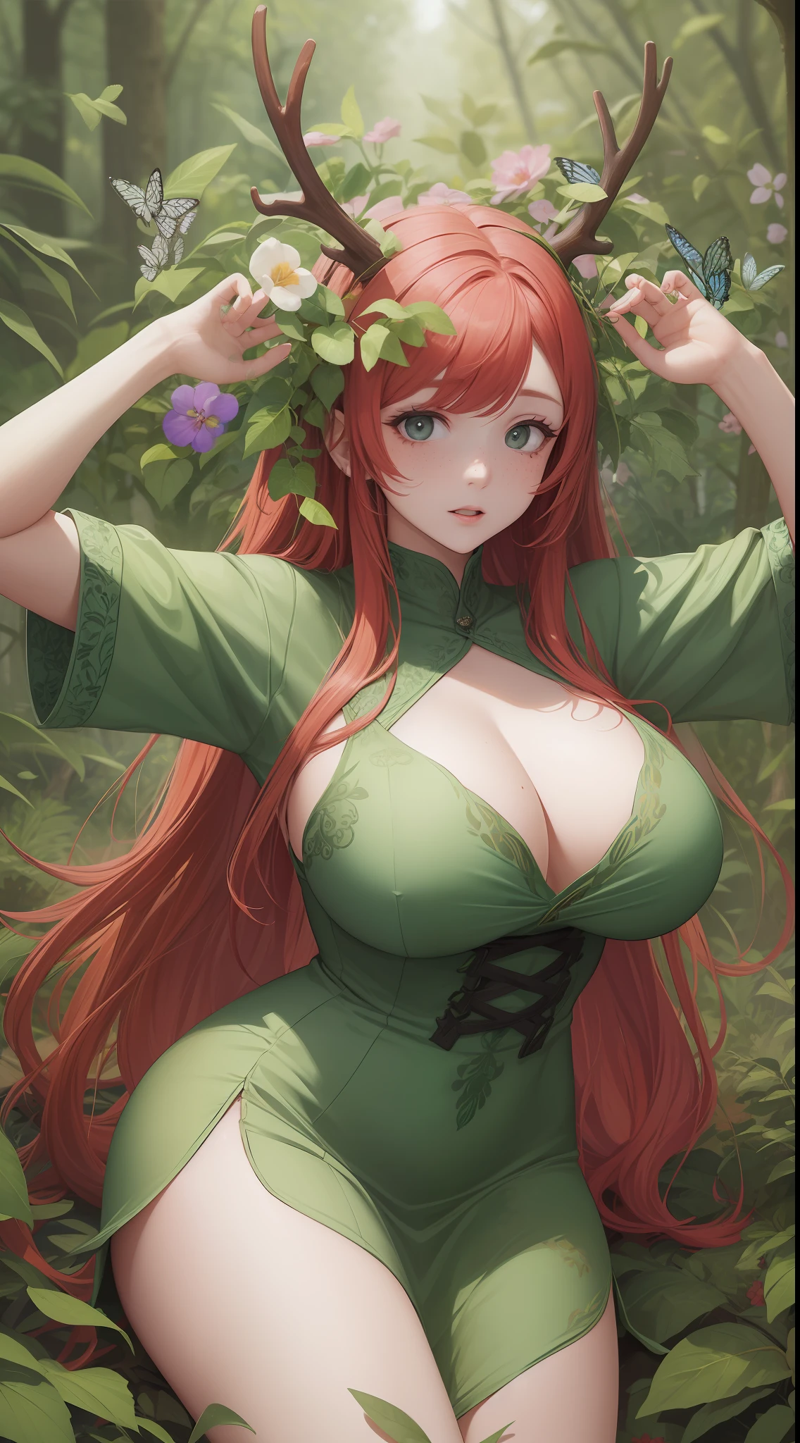 one adult woman with Antlers and Bright Red hair wearing a Short green dress made of leaves and flowers with butterflies all around her. Butteflies in her hair. she has lots of freckles. She has big boobs and is thicc. Posing in a woodland setting surrounded by butteflies