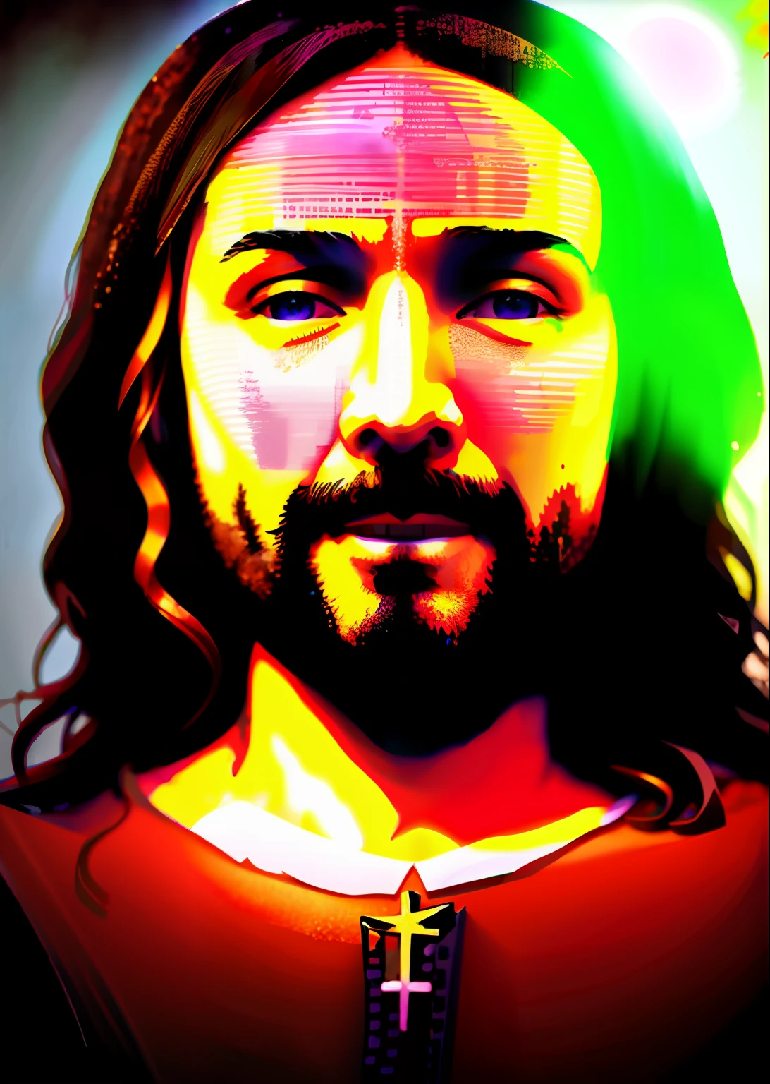 wtrcolor style, digital art of (Jesus Christ) official art, frontal, smiling, masterpiece, beautiful, watercolor, face painting, paint splashes, intricate details.