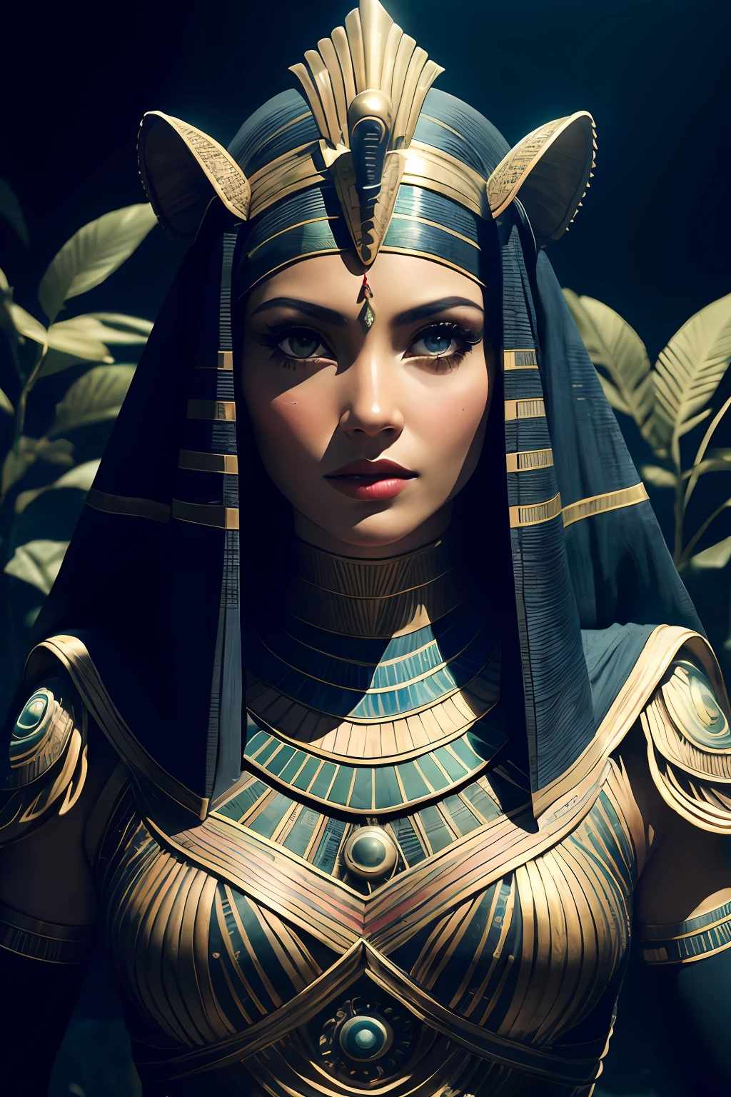 1 adult Egyptian woman, green eyes, black hair flaps, makeups , upper body, looking at viewer, detailed background, detailed face,  OldEgyptAI, ancient egyptian theme,  feral jungle warrior, pink tribal clothing, obsidian, defensive stance, stone knife, bushes, poisonous plants, rocks,  humid climate, darkness, cinematic atmosphere,
dark chamber, dim light, zentangle, mandala, tangle, entangle, (golden, red, blue and green tone:0.5)
(35mmstyle:1.1), front, masterpiece, 1970s film, , cinematic lighting, (photorealistic:1.5), high frequency details, 35mm film, (film grain), film noise,