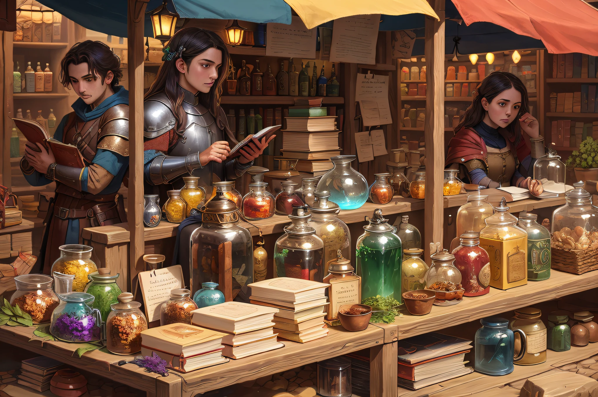 a medieval market selling:
- Potions of Healing
- Weapons and Armor
- Books of Magic
- Alchemical Ingredients
- Exploration Equipment
- Magic Relics