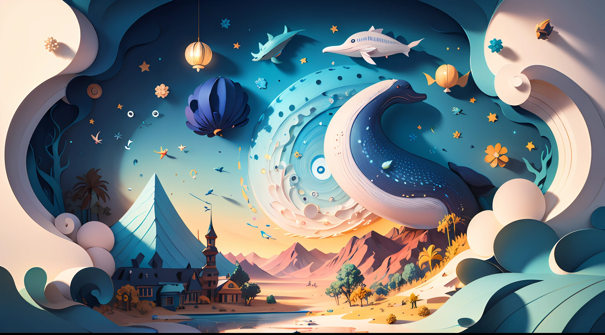 (((masterpiece)))), bestquality, illustration, beautifuldetailedglow, paper_cut, wallpaper,blue whale