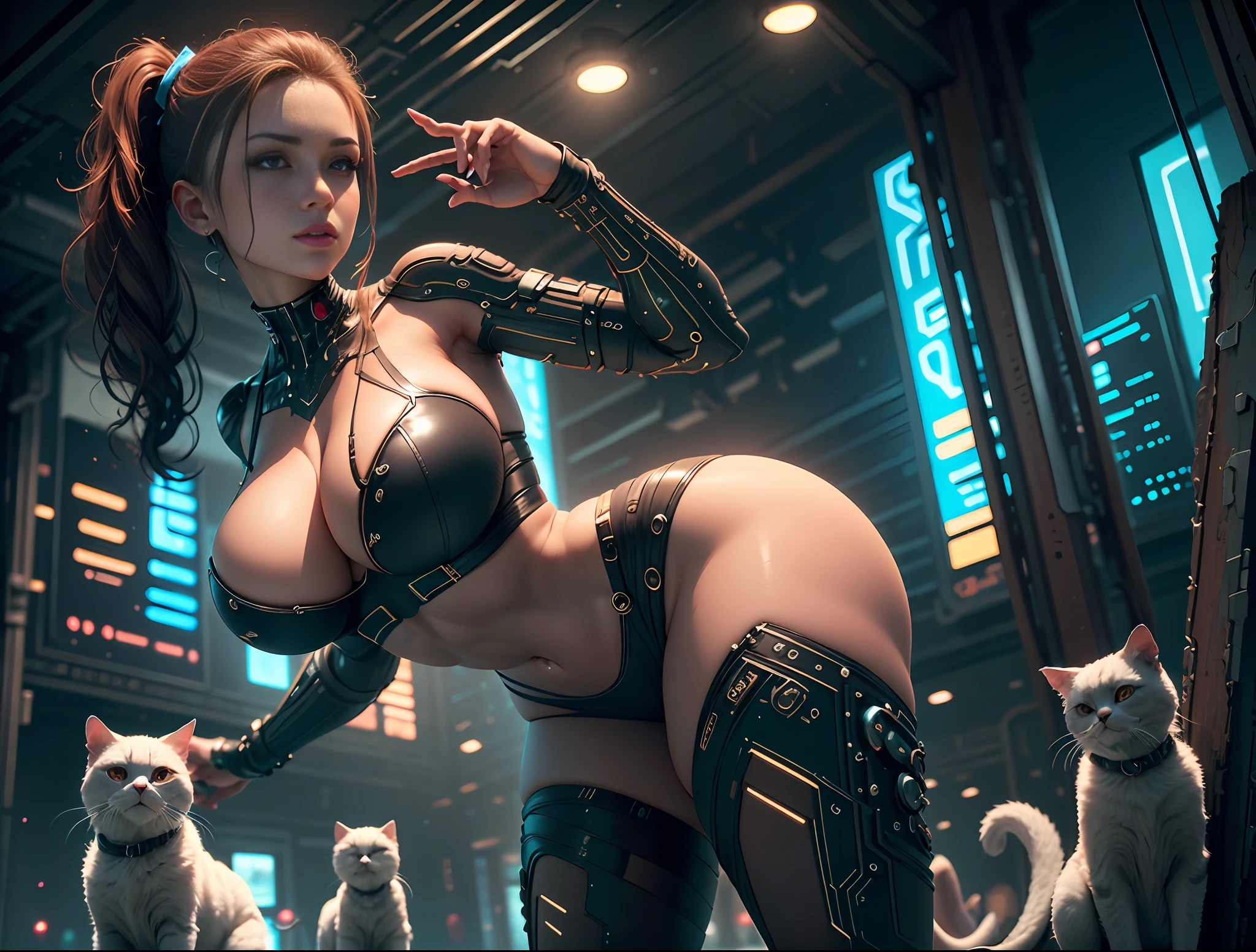 ((Best quality)), ((masterpiece)), (detailed: 1.4), 3D, cyberpunk, a beautiful woman with big breasts thick thighs, wearing extremely sexy cat woman cosplay