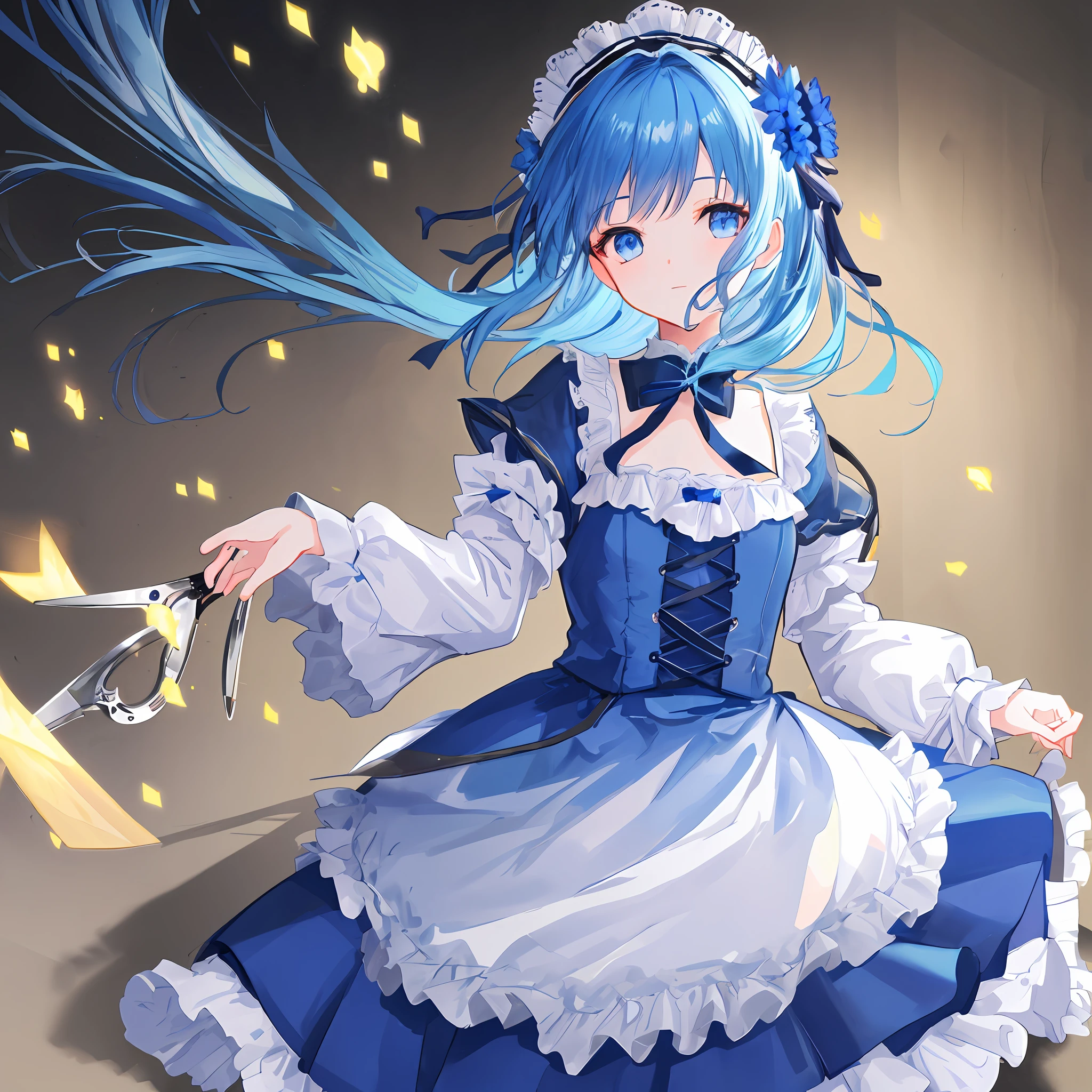 Masterpiece, Best Quality, (Very Detailed CG Unity 8k Wallpaper) (Best Quality), (Best Illustration), (Best Shadow), Flat Chest Lori, Blue Lolita Dress, Blue Hair, Blue Ponet, Cute and Gorgeous Lolita, Blue Scissors, Cornflower Headdress, Magical Girl, Magic