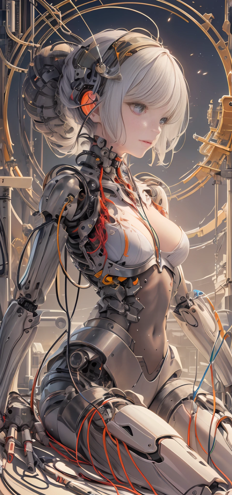 (Masterpiece, Top Quality, Best Quality, Official Art, Beauty and Aesthetics: 1.2), (1girl: 1.3), Extremely detailed, Colorful, Most Detailed ((Ultra Detailed)), (Highly Detailed CG Illustration), (Very Delicate and Beautiful), (From the Side), Cinema Light, ((1 Mechanical Girl)), Single, Full Body, (Machine-Made Joints: 1.2), ((Mechanical Limbs)), (Many Mechanical Tentacles Bundled), (Blood Vessels Connected to Tubes), (mechanical vertebrae attached to the back), ((mechanical cervical vertebrae attached to the neck)), (sitting), expressionless, (wires and cables attached to the neck: 1.2), (wires and cables attached to the head: 1.2) (character focus), science fiction, white background, (mucus: 1.5)