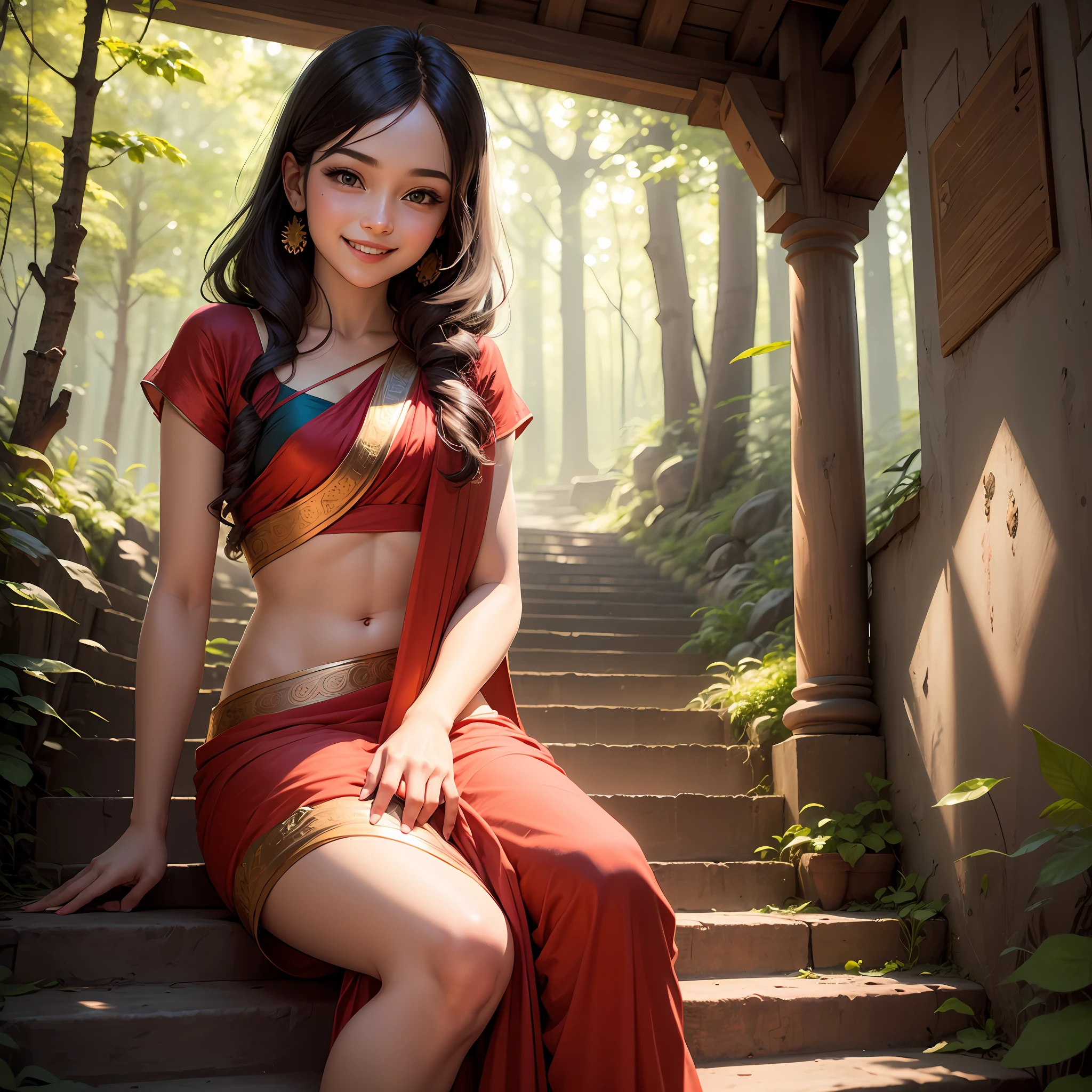 “A young handsome cute boy with cute pretty princess in beautiful red saree, sitting on the stairs at the mountain in the forest,stair step ,awesome smiling face, talking, love atmosphere, 3d illustration, clear face , no finger cuts, clear hd 4k image, portrait, no finger cut, no leg cut, no hand cut.”