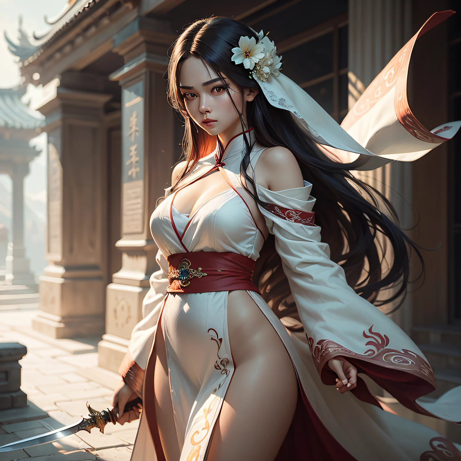 a closeup of a woman with a sword in a white dress, a character portrait by Yang J, trend in cgsociety, fantasy art, beautiful character painting, anime-style art, guweiz, white hanfu, flowing white robes, full-body wuxia, epic exquisite character art, stunning character art, beautiful female assassin red hair --auto