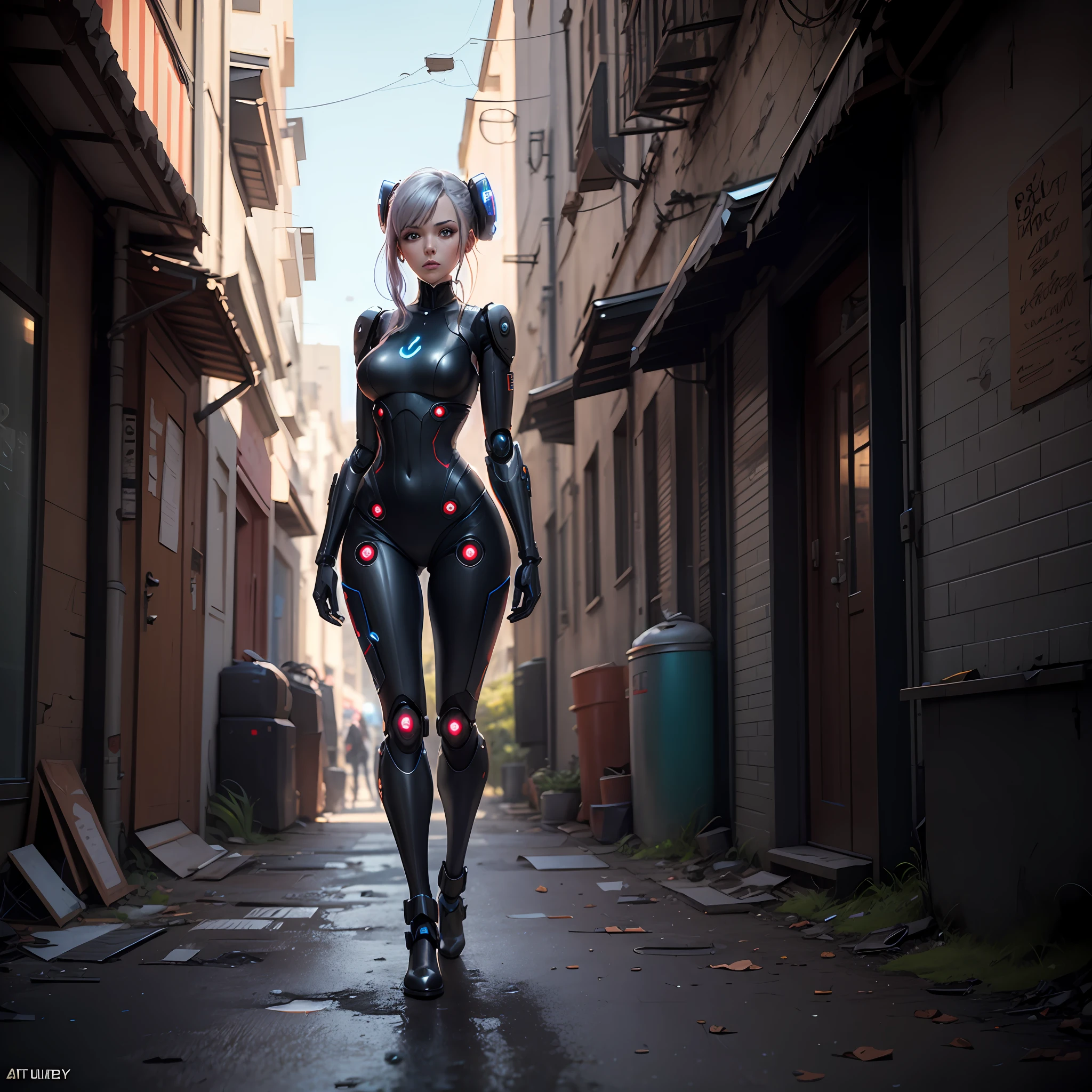 Broken female nanny robot, anime, full body, cyberpunk, vn, character assets --auto