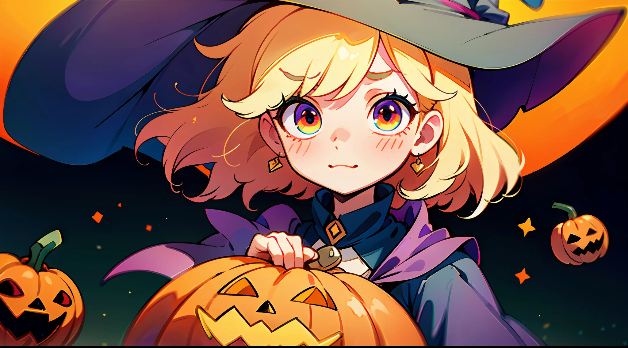 Best Quality, Super High Resolution, (Fidelity: 1.4), 1 Female, (aegyo sal : 1), ((puffy eyes)), looking at viewer, upper body, close up face, colorful, Halloween witch costume, dress, cape, ((witch hat)), colorful candies, pumpkins, closed mouth smile