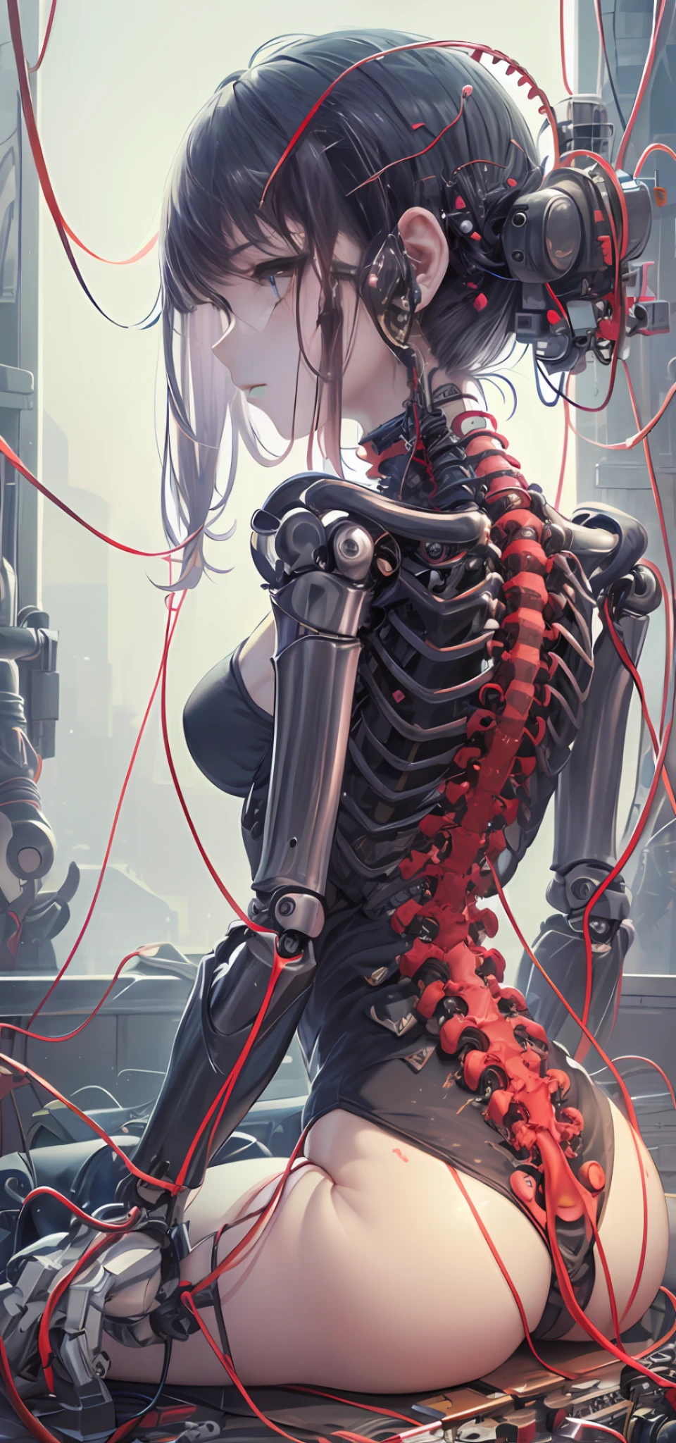 (Masterpiece, Top Quality, Best Quality, Official Art, Beauty and Aesthetics: 1.2), (1girl: 1.3), Extremely detailed, Colorful, Most Detailed ((Ultra Detailed)), (Highly Detailed CG Illustration), (Very Delicate and Beautiful), (From the Side), Cinema Light, ((1 Mechanical Girl)), Single, Full Body, (Machine-Made Joints: 1.2), ((Mechanical Limbs)), (Many Mechanical Tentacles Bundled), (Blood Vessels Connected to Tubes), (mechanical vertebrae attached to the back), ((mechanical cervical vertebrae attached to the neck)), (sitting), expressionless, (wires and cables attached to the neck: 1.2), (wires and cables attached to the head: 1.2) (character focus), science fiction, white background, (mucus: 1.5)