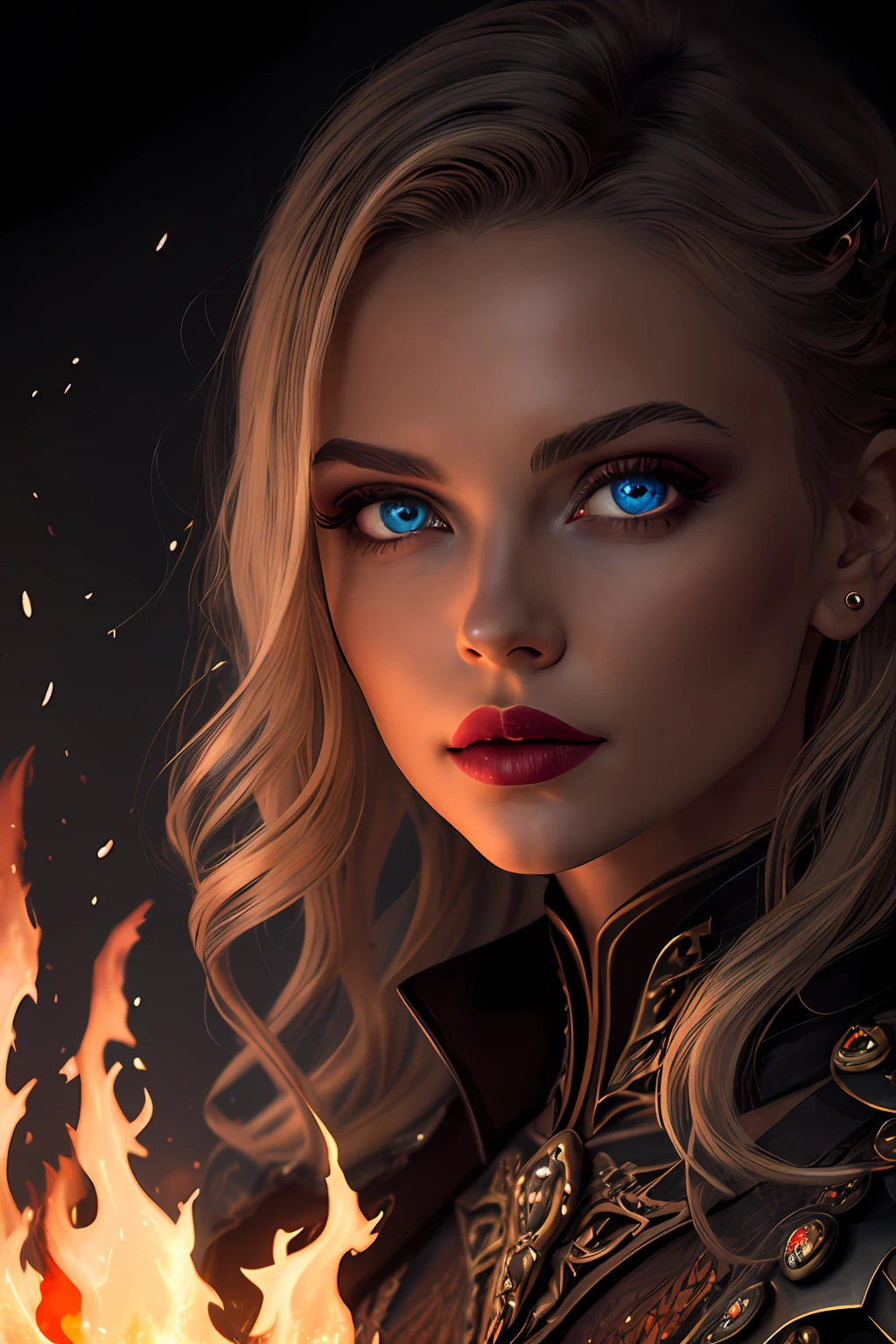 best quality, masterpiece, RAW photo, 8k, blonde woman photo, (flame explosion, crown made of fire, flame halo: 1.5), intricate gothic armor, (photo lighting, fire light, dark shadows, red light: 1.2), (black and red night sky, mist and fog: 1.1), (large burning sky background: 1.1), solo, 1girl, fantasy style, concept art,  sharp focus, smooth contour, professional photography, art photography, rule of thirds, macro photography, HDR, background on fire, fire particles, ultra detailed, (perfect eyes), (perfect mouth), perfect face, fine details, rich colors, dramatic lighting, extremely detailed, cinematic lighting