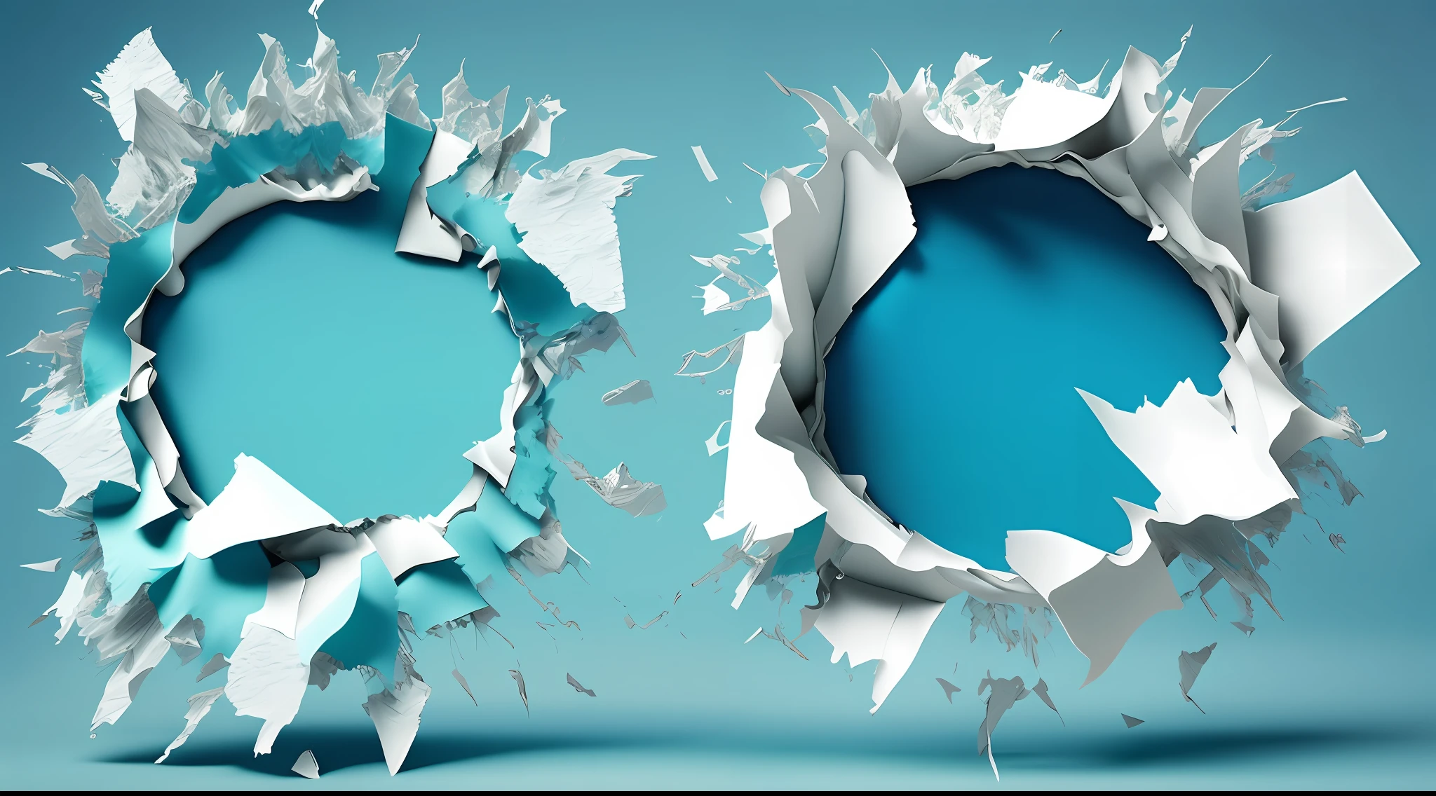 Create two image side by side style fresh and vulgar Glasses, one image as circle of broken paper with a hole in it, in the first image , being, artistic interpretation, blue torn fabric, some lost edges, and the second image as, glass openings, cut paper, torn clothes,
rendered in Cinema 4 D, amazing exposure stereoscopic 3D rendering, color gradient from white to light Tiffany blue, 4K resolution, simple and natural composition