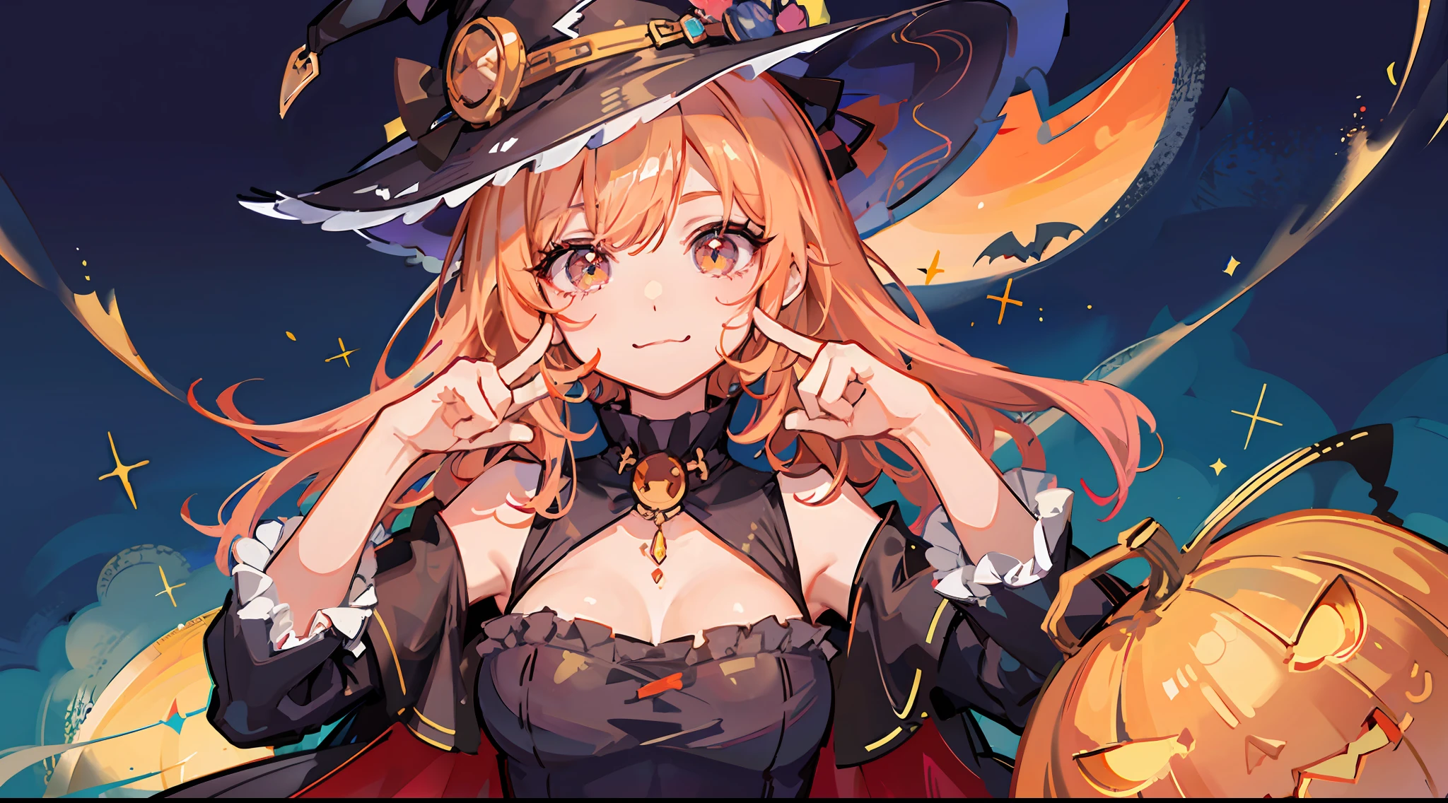 Best Quality, Super High Resolution, (Fidelity: 1.4), 1 Female, (aegyo sal : 1), ((puffy eyes)), looking at viewer, upper body, close up face, colorful, Halloween witch costume, dress, cape, ((witch hat)), colorful candies, pumpkins, closed mouth smile