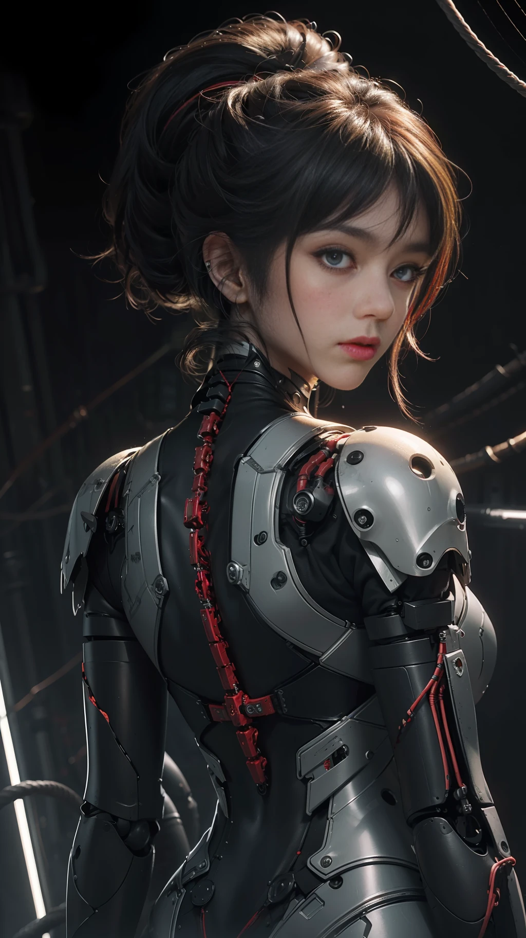 official art, unity 8k wallpaper, ultra detailed, beautiful and aesthetic, masterpiece, best quality, realistic, (zentangle, mandala, tangled, tangle), extremely detailed (dynamic angle), cinematic light, ((1 mechanical girl)), solo, whole body, (machines made joints: 1.2), ((mechanical limbs)), (blood vessels connected to tubes), (mechanical vertebra attaching to the back), ((mechanical cervial attaching to the neck)), expressionless, (wires and cables attaching to the neck: 1.2), (wires and cables on the head: 1.2) (character focus), science fiction, extremely detailed, colorful, higher detailedmshn zhongfenghua robot, realistic digital photo, high resolution, high quality, sharp focus, sharp details, chrome metal skin, chrome facial muscles, space, futuristic, cyber punk, apocalyptic