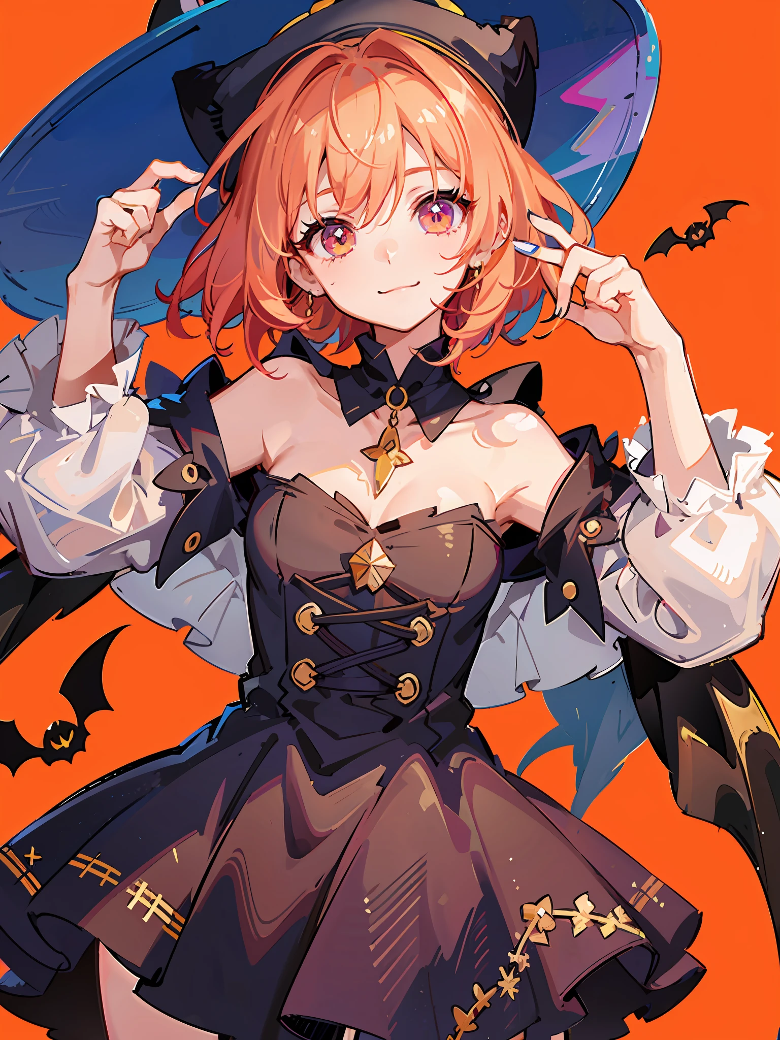 Best Quality, Super High Resolution, (Fidelity: 1.4), 1 Female, (aegyo sal : 1), ((puffy eyes)), looking at viewer, upper body, close up face, colorful, Halloween witch costume, dress, cape, ((witch hat)), colorful candies, pumpkins, closed mouth smile