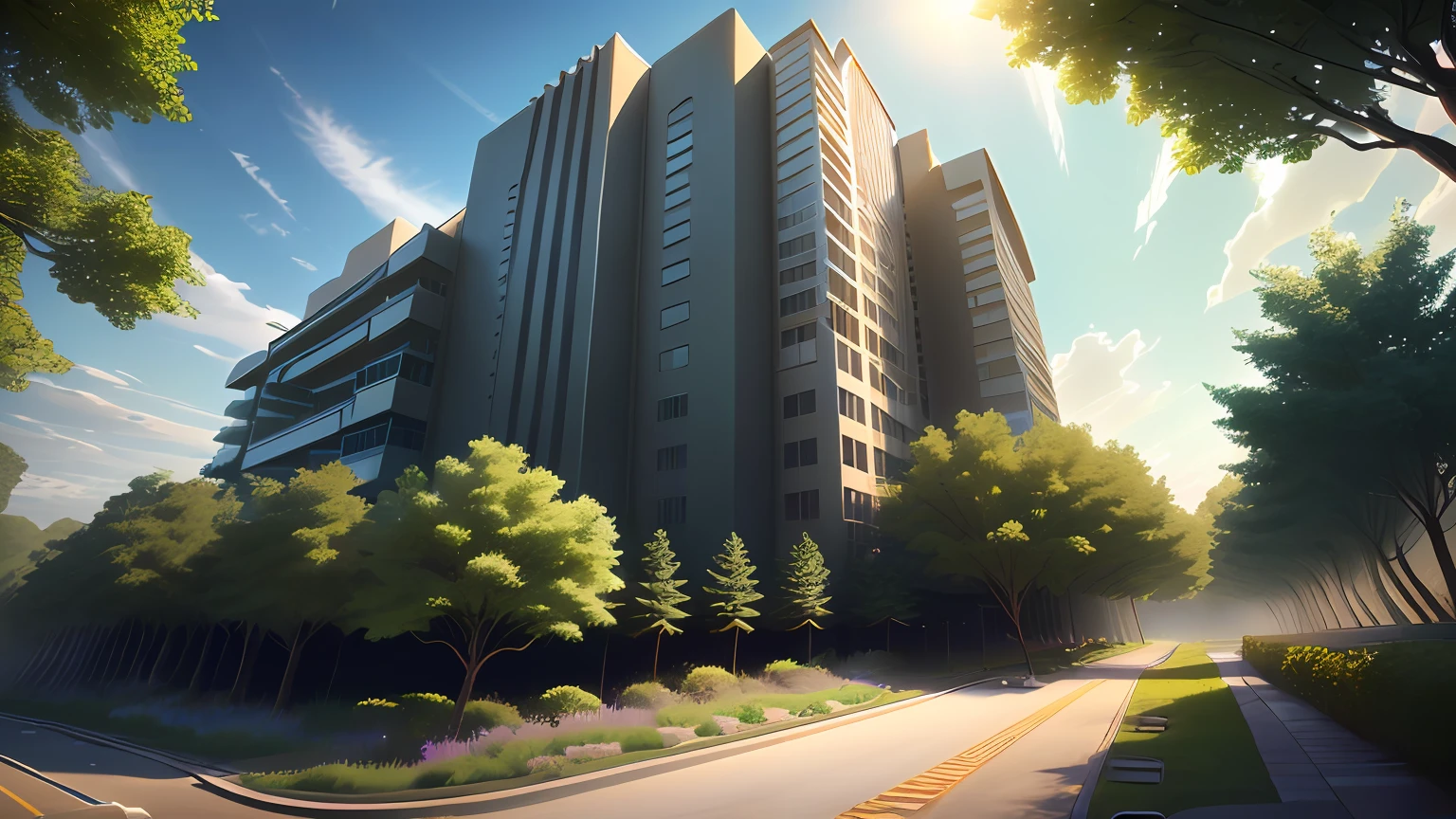rendering of a large building with a lot of trees in front of it, full building, artist impression, perspective view, architectural rendering, artist's impression, , mid-view, wide angle exterior 2022, view from ground level, residential, detailed rendering, mantra rendering, radiosity renderinga rendering of a pool with a building in the background, architecture rende,Aperture: f/8 - f/16,focal length: 35mm, low distortion, perpestive,((ray Trace:1.2)) modern architecture, ultra realistic, raw photo, sharp focus, tree background, sunlight, glasses window, wooden balcony, masterpiece, big front yard, concrete wall, green landscape, glasses handrail, glasses aluminium big window, 8k, masterpiece,ultra realistic,32k,extremely detailed CG unity 8k wallpaper, best quality,ray trace,