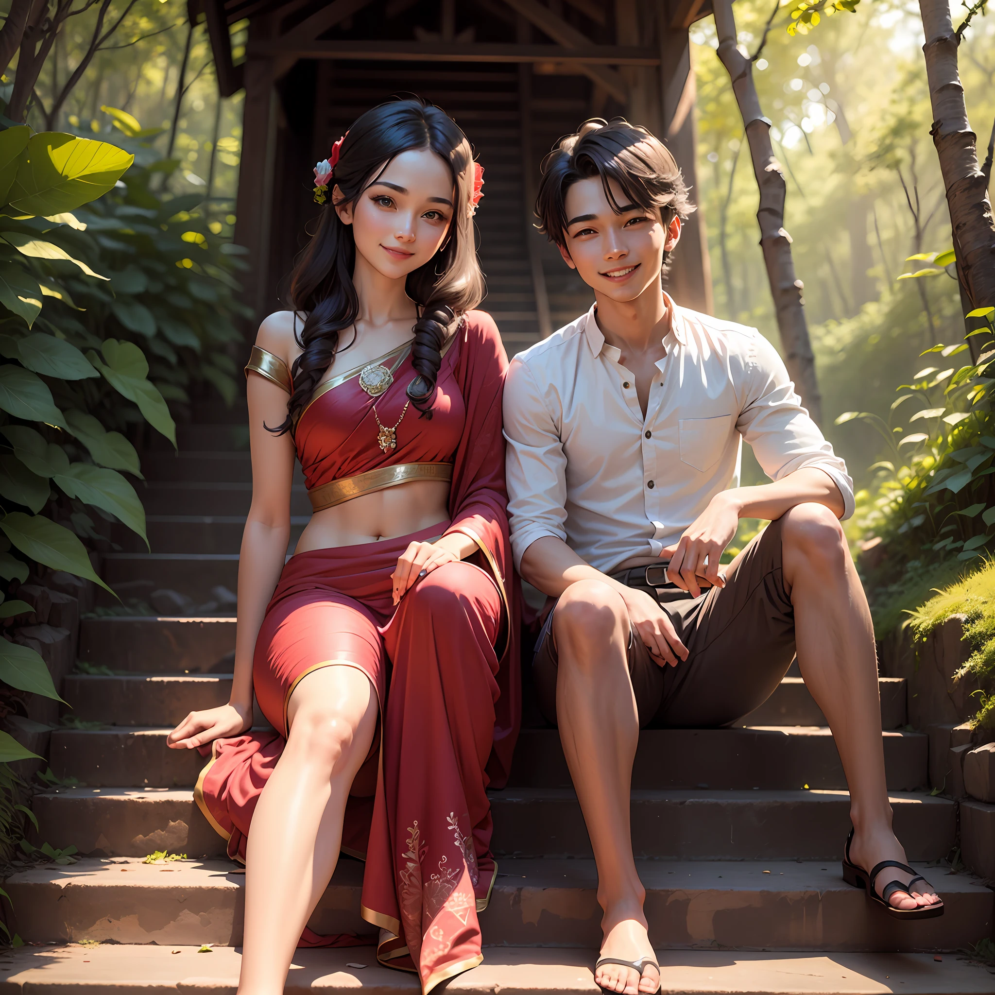 “A young handsome cute boy with cute pretty princess in beautiful red saree, sitting together on the stairs at the mountain in the forest,stair step ,awesome smiling face, talking, love atmosphere, 3d illustration, clear face , no finger cuts,no leg cut, no hand cut, no bad face, clear hd 4k image, portrait, no finger cut, no leg cut, no hand cut.”