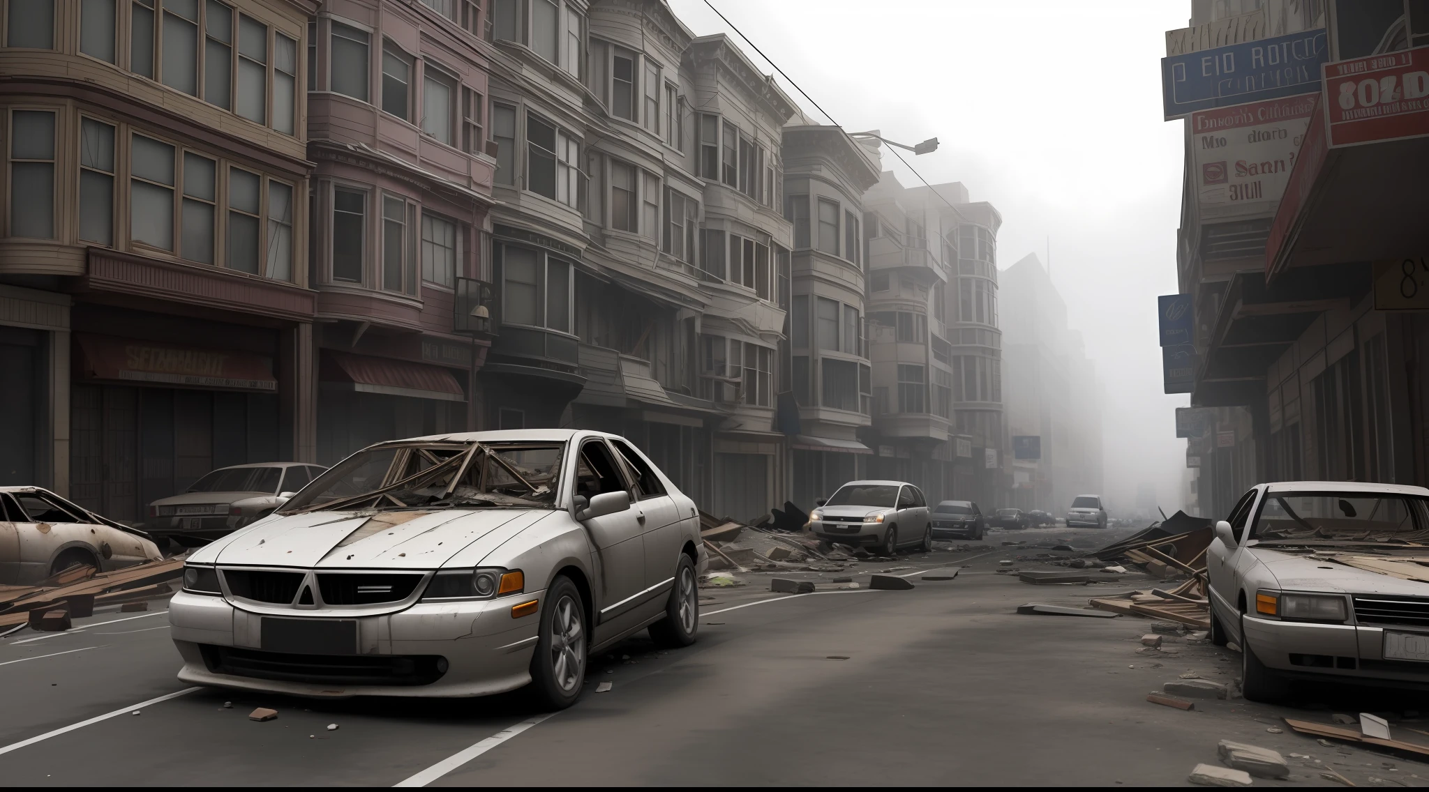 Realistic San Francisco Collapsed buildings with crumbling buildings and debris-filled streets depicting the aftermath of destruction, cars covered in dust, very foggy weather, Ultra 8k, gray weather, realism, cinematic lighting, volumetric lighting, detailed, background blur