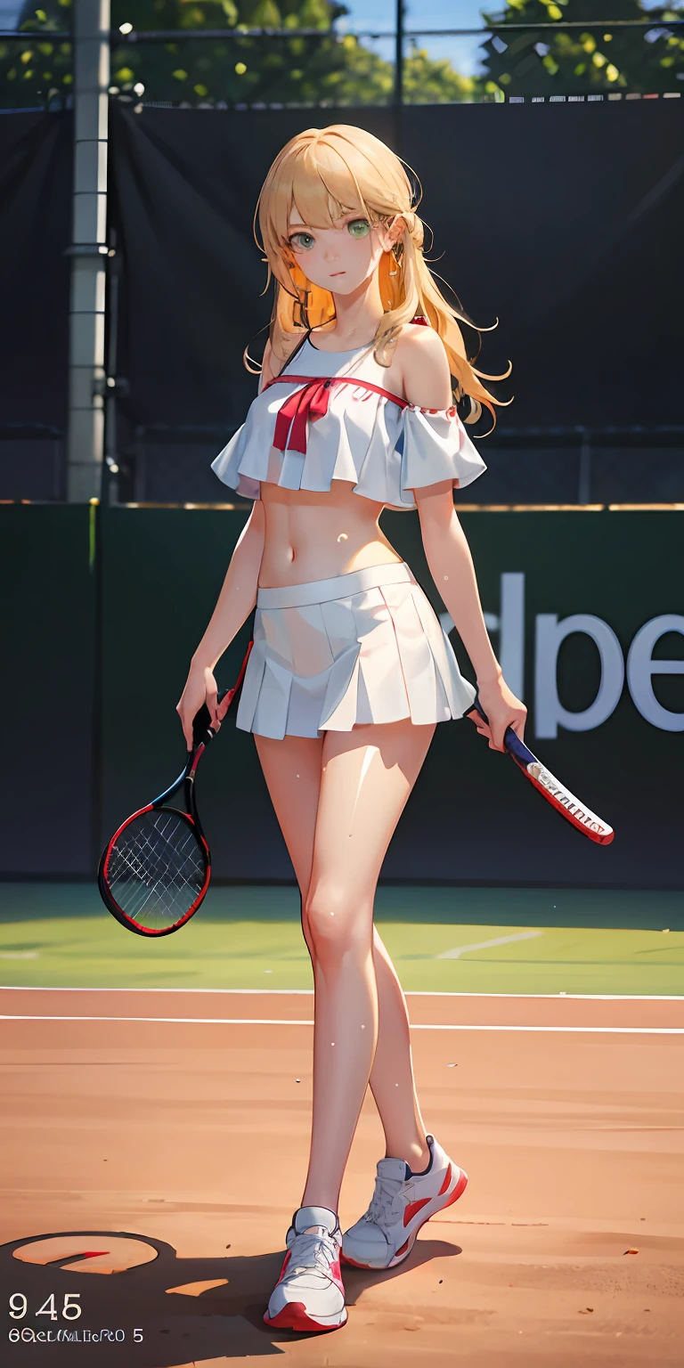 absurd, masterpiece, ultra-realistic image quality, real person, a very young girl, cute. cute-elegant pose, best quality, realistic, hyper-detailed, (shiny, sweaty skin: 1.4), slim, looking at the viewer, 1girl, , solo, tennis outfit, off-the-shoulder top, sleeveless blouse with bare belly, white sneakers, very short white mini skirt, long hair, blonde hair, (green eyes: 0.5), dynamic lighting, high resolution, sharp focus, depth of field, small flat breasts, HD image quality, realistic image quality, clean face, fair skin, slim legs, realistic face, (perfect face), exquisite face, ultra HD rendering, accurate textured skin, high details, high quality, very detailed, high resolution, 8k, photo, photography