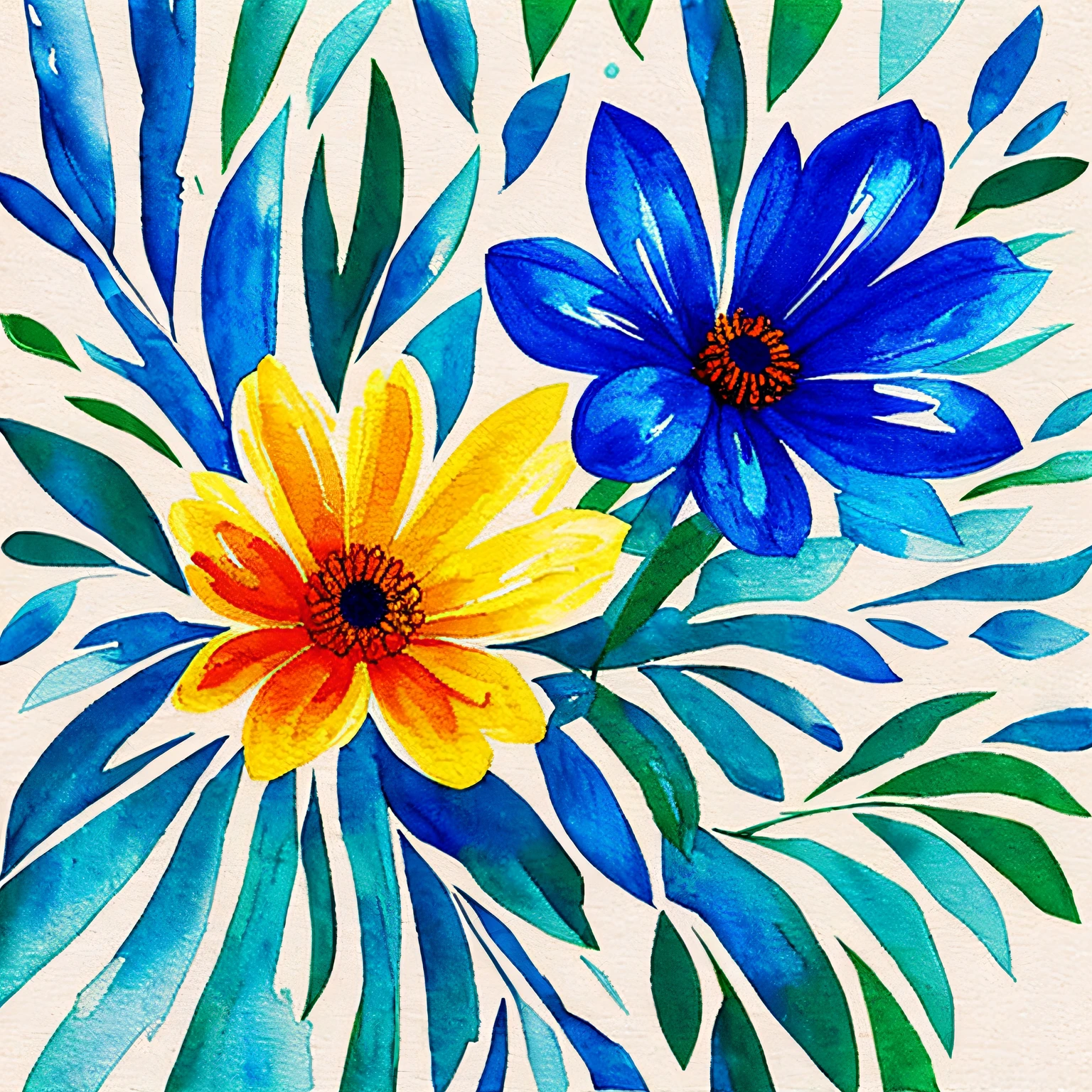 watercolor, flower, blue and orange, beautiful, 1:1, watercolor style, flower and leaf patterns, wet in wet technique, mute, indigo, fabric design, flat illustration, highly detailed cleaning, vector image, masterpiece, professional, isometric, bright vector, black background, dry brush, brushstrokes, painted on canvas, by J.M.W. Turner. expressive marks.