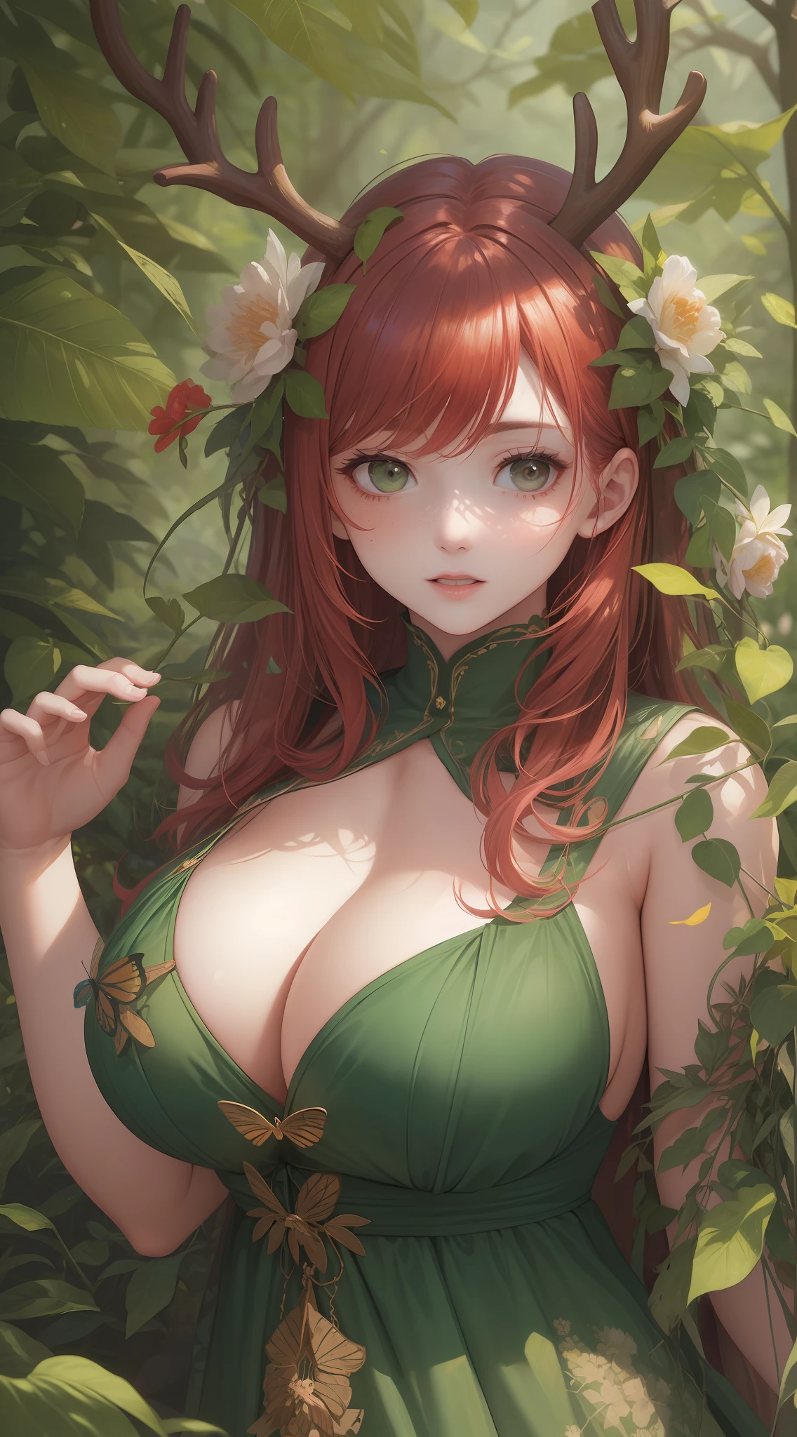 one adult woman with Antlers and Bright Red hair wearing a Short green dress made of leaves and flowers with butterflies all around her. Butteflies in her hair. she has lots of freckles. She has big boobs and is thicc. Posing in a woodland setting surrounded by butteflies