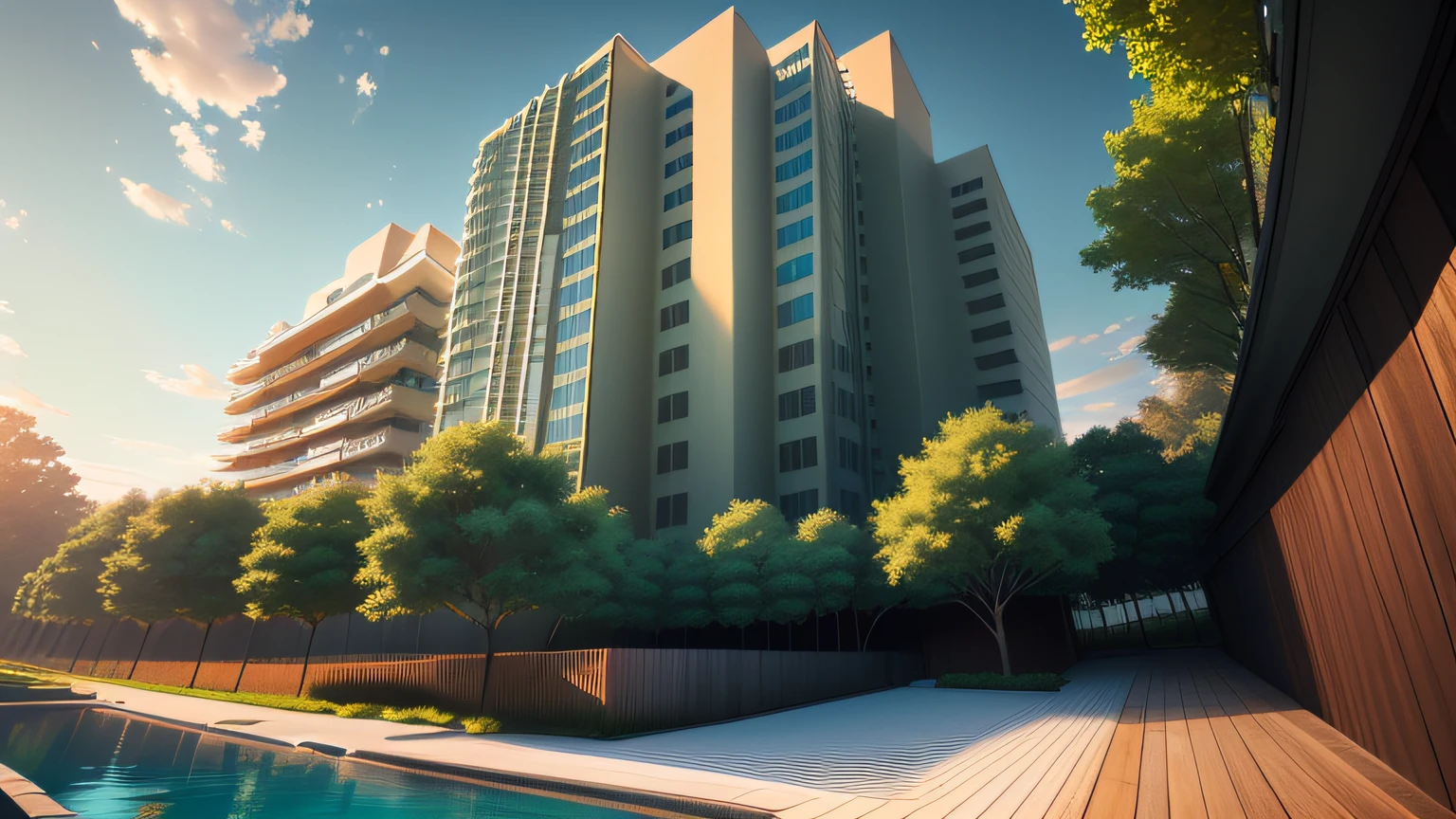 rendering of a large building with a lot of trees in front of it, full building, artist impression, perspective view, architectural rendering, artist's impression, , mid-view, wide angle exterior 2022, view from ground level, residential, detailed rendering, mantra rendering, radiosity renderinga rendering of a pool with a building in the background, architecture rende,Aperture: f/8 - f/16,focal length: 35mm, low distortion, perpestive,((ray Trace:1.2)) modern architecture, ultra realistic, raw photo, sharp focus, tree background, sunlight, glasses window, wooden balcony, masterpiece, big front yard, concrete wall, green landscape, glasses handrail, glasses aluminium big window, 8k, masterpiece,ultra realistic,32k,extremely detailed CG unity 8k wallpaper, best quality,ray trace,