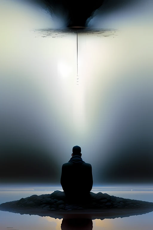 there is a man sitting on a rock in front of a cross, ryoji, inspired by Ryoji Ikeda, meditation, by Ryoji Ikeda, by Morris Kestelman, solitude, his mind contemplating eternity, makoto shinkai. Octane render, Takato Yomamoto. 4 k, (concept art), solitude under a waterfall, he stands alone with a black hole with purple and technological details in 4k right in front of him