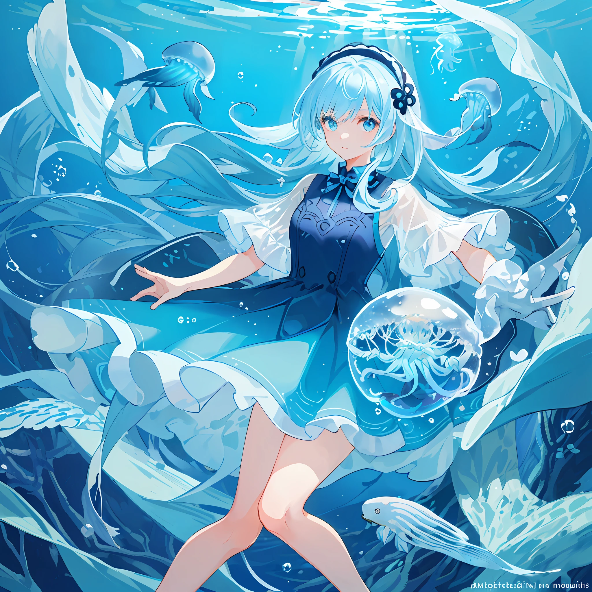 ((masterpiece,best quality)),(negative space:1.2),(1girl, solo:1.4),beautiful detailed eyes,floating hair, underwater, bubble, fish, (jellyfish), fluorescence,sea turtle, seaweed,