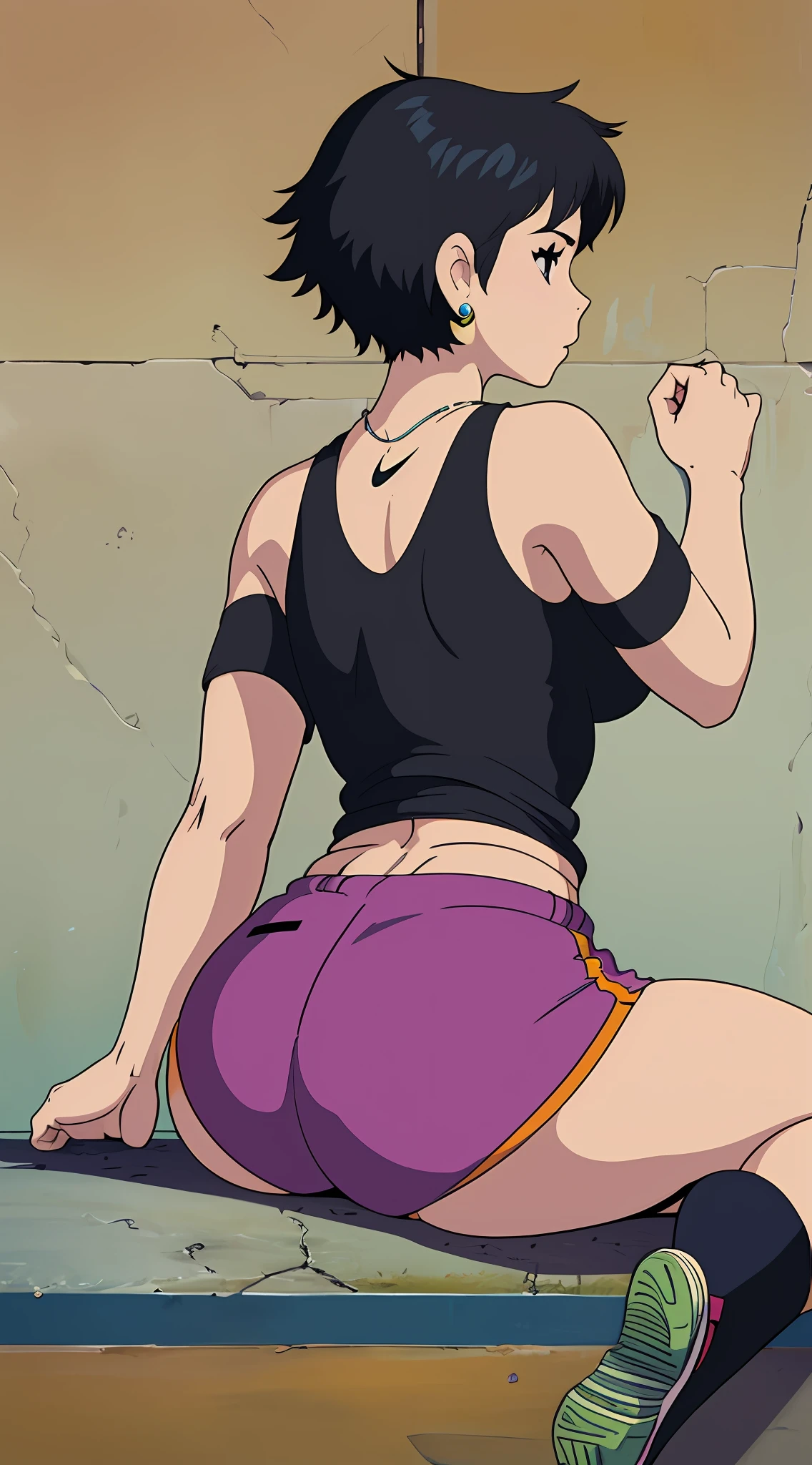 Female, black short hair, earrings, fighter, black designer t-shirt, short shorts, short socks socks, Nike shoes, necklace, breasts, butt, sexy waistline, sitting, back of view,