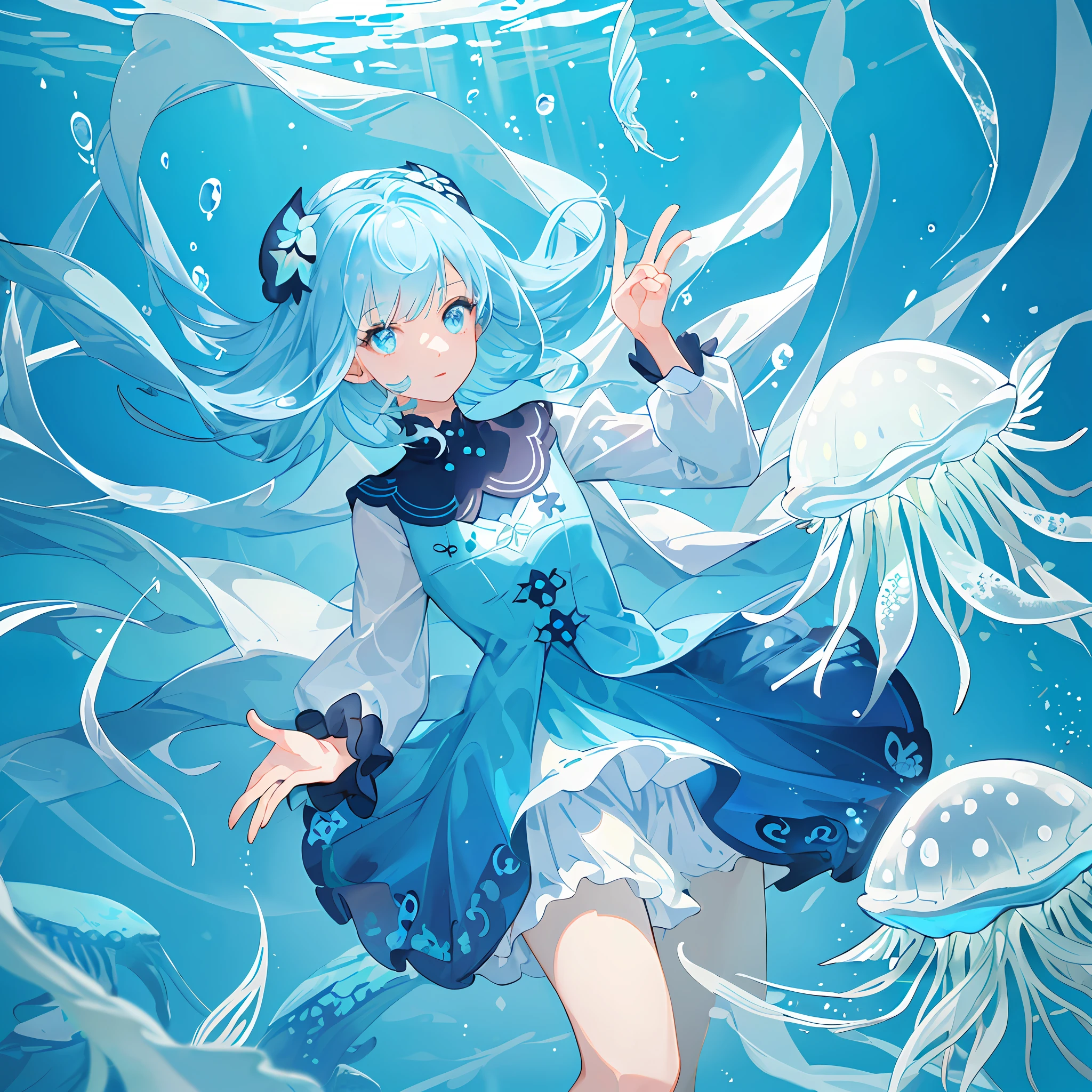 ((masterpiece,best quality)),(negative space:1.2),(1girl, solo:1.4),beautiful detailed eyes,floating hair, underwater, bubble, fish, (jellyfish), fluorescence,sea turtle, seaweed,