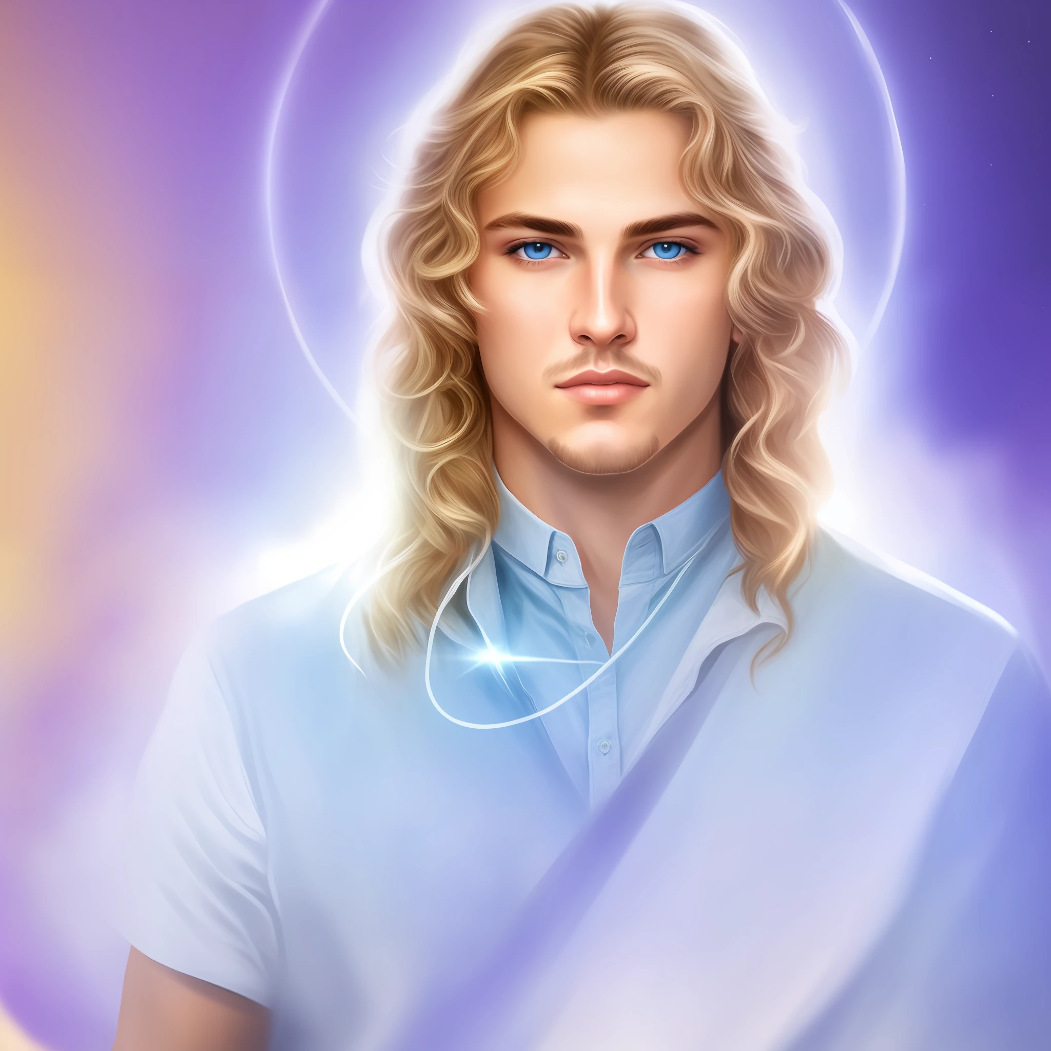 (masterpiece), realistic, (20 years old male), close photography, big blue eyes, celestial angel, well-defined and bright eyes, well-shaven, delicate face and soft sunlight, cinematic light, realistic hair, slight smile, jovial expression, hyperrealistic cover photo centered, detailed symmetrical blue eyes with circular iris, realistic, ultra high definition, 8k, intricate art,  Best quality, realistic, ultra detailed, SFW, head shot, a portrait of a young man.