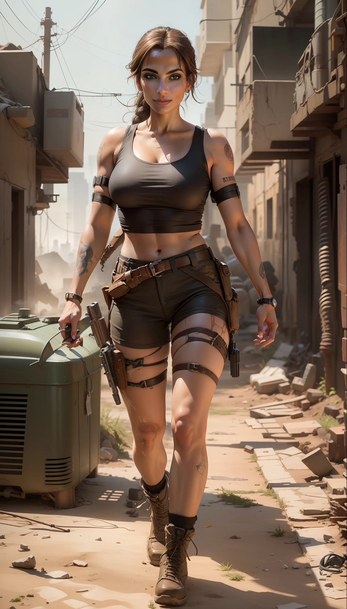 Eva Mendes : lara croft, (looking forward), (defiant look),(strained smile), in a post-apocalyptic setting, beautiful tomb raider, muscle sweat Eva Mendes: lara croft, post-apocalyptic vibes, post-apocalyptic style, post-apocalyptic explorer, in a post-apocalyptic city, portrait of Eva Mendes: lara croft, post-apocalyptic style, scenario Eva Mendes: lara croft, white but dirty cotton socks, dark brown boots,  (beautiful breasts), (strong and perfect legs),(perfect knees),(perfect calves), --auto