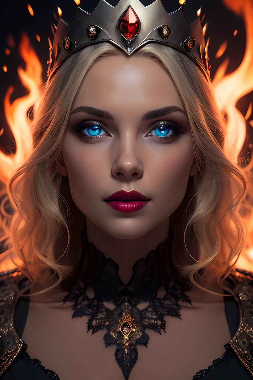 best quality, masterpiece, RAW photo, 8k, blonde woman photo, (flame explosion, crown made of fire, flame halo: 1.5), intricate gothic armor, (photo lighting, fire light, dark shadows, red light: 1.2), (black and red night sky, mist and fog: 1.1), (large burning sky background: 1.1), solo, 1girl, fantasy style, concept art,  sharp focus, smooth contour, professional photography, art photography, rule of thirds, macro photography, HDR, background on fire, fire particles, ultra detailed, (perfect eyes), (perfect mouth), perfect face, fine details, rich colors, dramatic lighting, extremely detailed, cinematic lighting