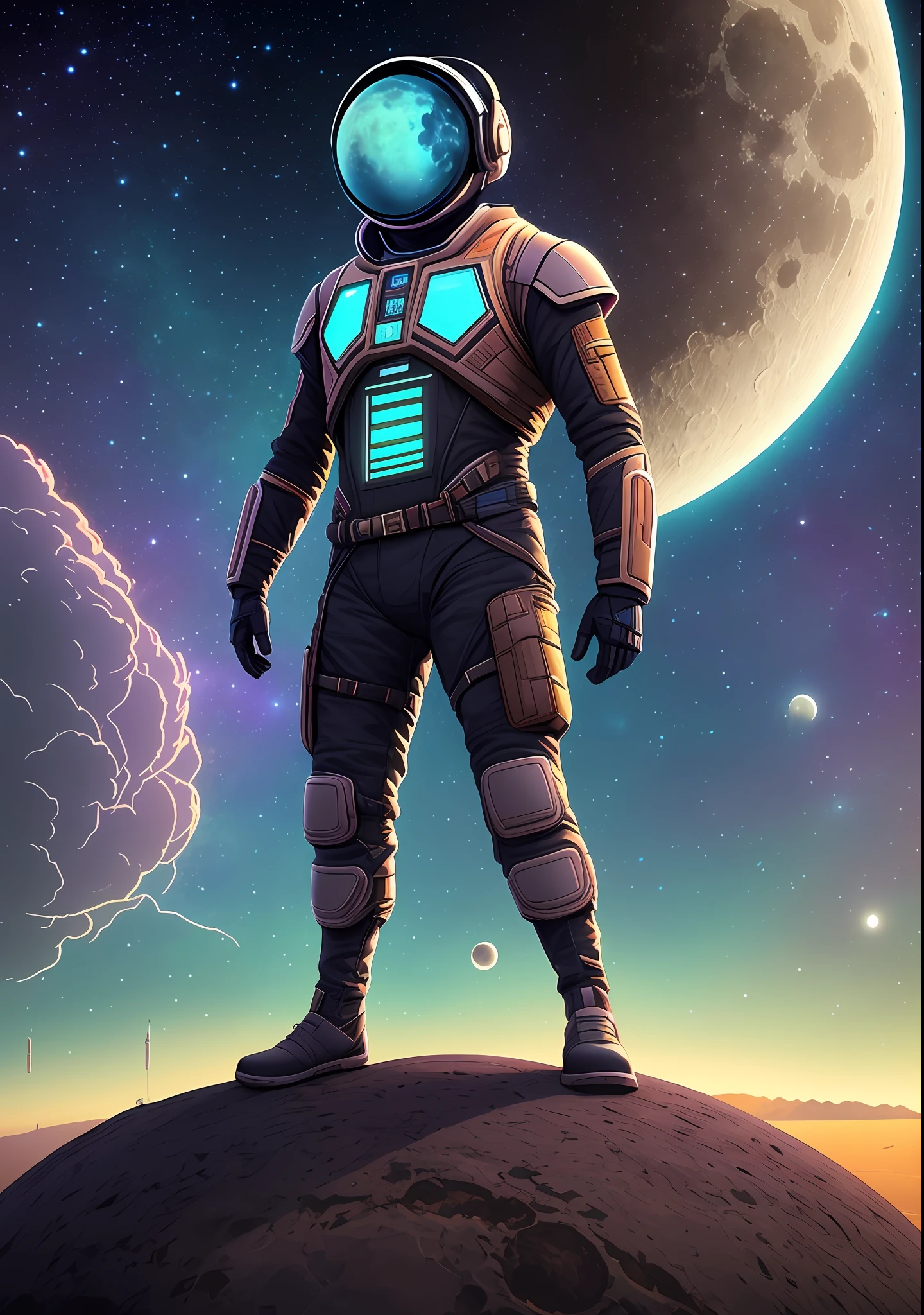 arafed man standing on a planet with a view of the moon, beeple and tim hildebrandt, beeple and jean giraud, artgem and beeple masterpiece, greg beeple, style hybrid mix of beeple, beeple masterpiece, beeple artwork, beeple style, beeple art