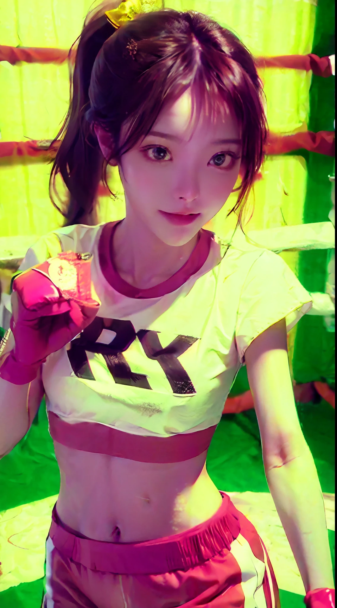 Masterpiece, top quality, (realistic, realistic: 1.4), (RAW photo: 1.2), very delicate CG Unity 8K wallpaper, very delicate beautiful, wonderful, boxing pose, attention to detail, official art, ridiculous, incredibly ridiculous, huge file size, very fine, very delicate, beautiful eyes and face, beautiful delicate eyes, light on face, a girl, ponytail, (pompom) navel, half, PE uniform short sleeve crop top t-shirt, boxing gloves, bare arms, bangs, Boxing Gym, Boxing Ring, ULZZANG-6500-v1.1